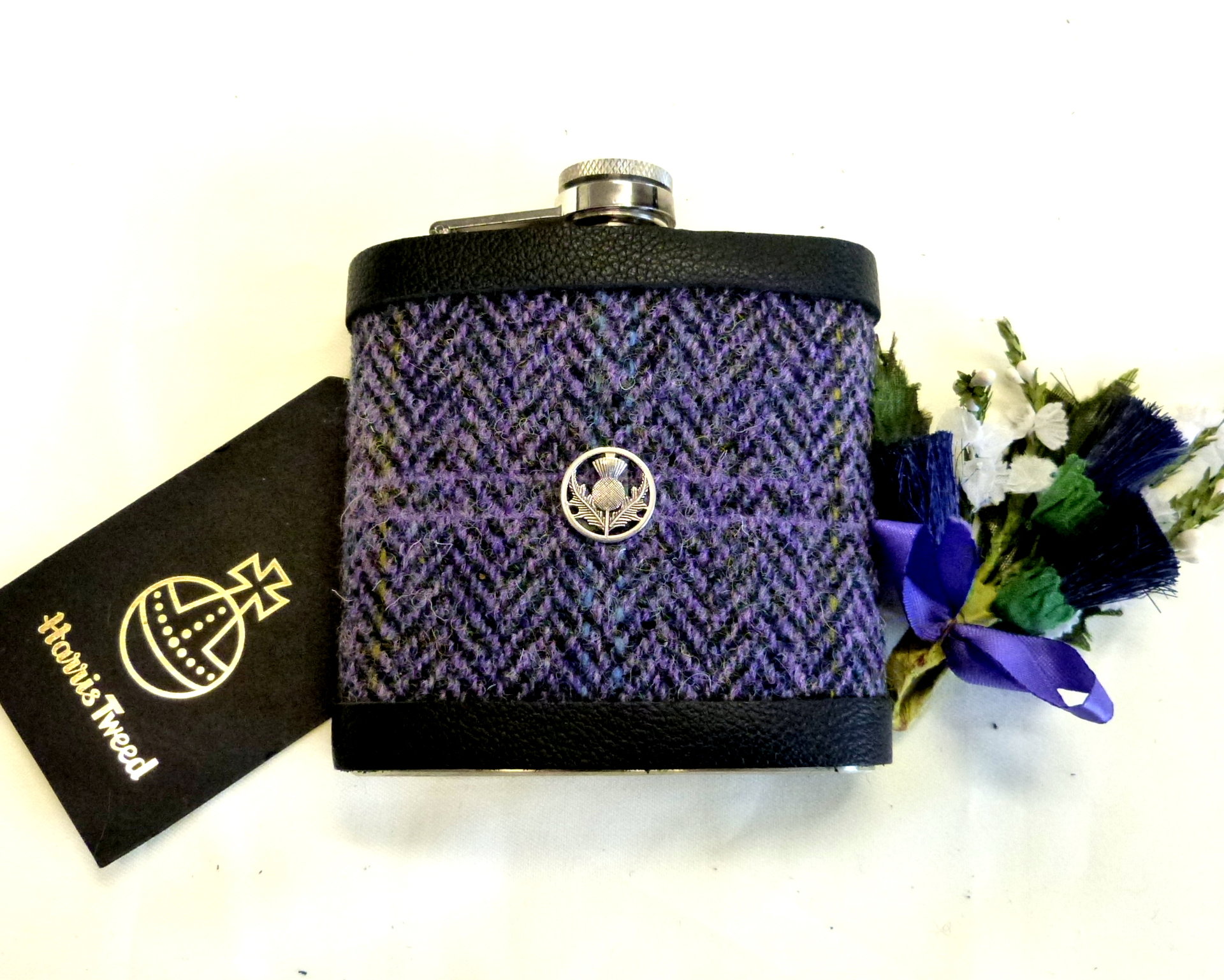 Harris Tweed Hip Flasks traditional Herringbone weaves with thistle Best Man Father of Bride or groomsmen gifts in sets of 3-6