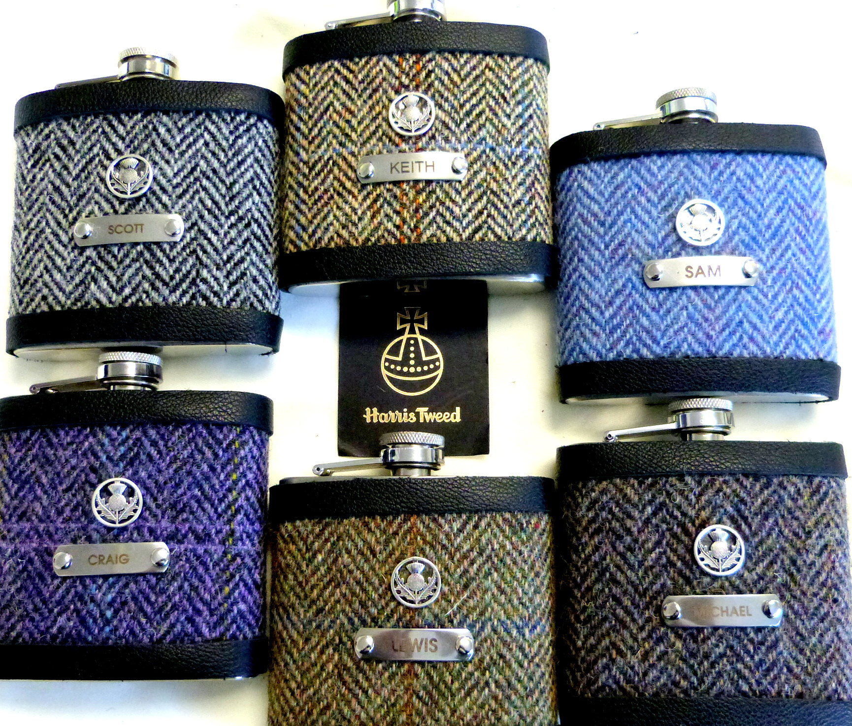 Harris Tweed Hip Flasks Choice of 30 tweeds with custom engraved name and thistle, groomsmen gifts in sets of 3-6