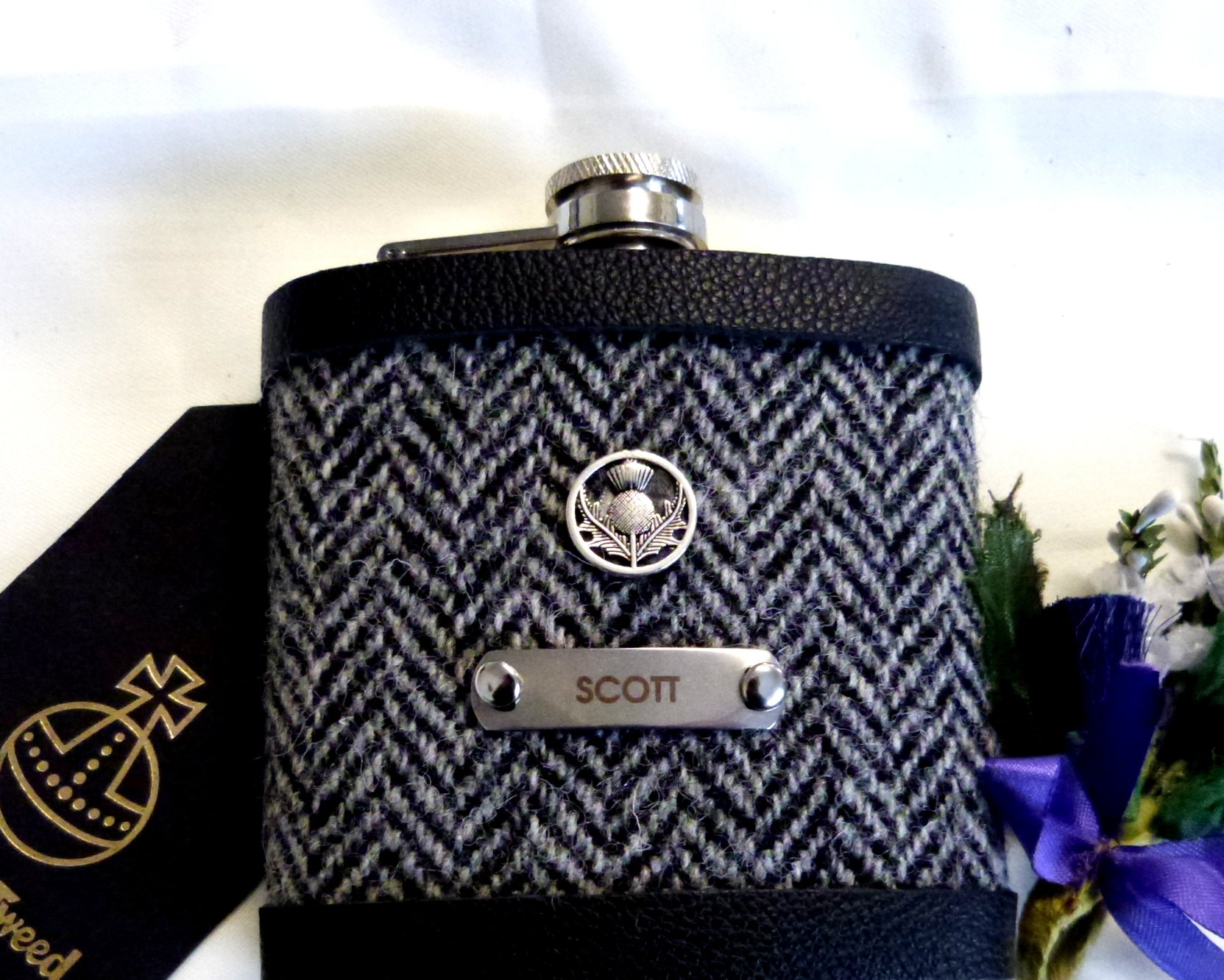 Harris Tweed Hip Flasks Choice of 30 tweeds with custom engraved name and thistle, groomsmen gifts in sets of 3-6