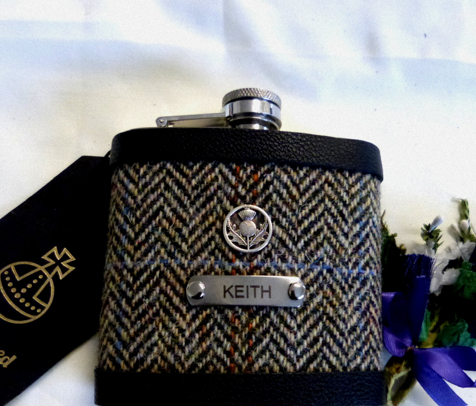 Harris Tweed Hip Flasks traditional Herringbone custom engraved name and thistle Best Man Father of Bride or groomsmen gifts in sets of 3-6