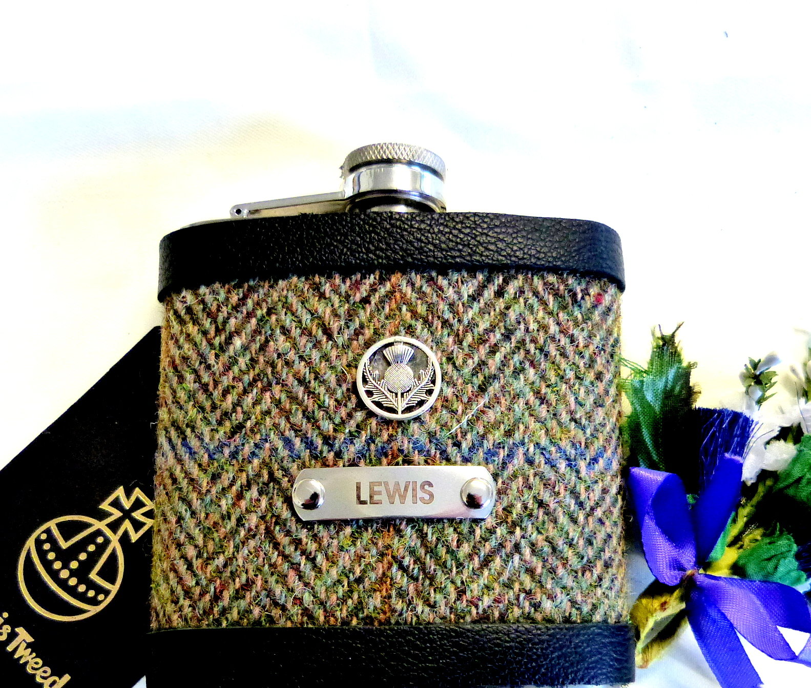 Harris Tweed Hip Flasks traditional Herringbone custom engraved name and thistle Best Man Father of Bride or groomsmen gifts in sets of 3-6