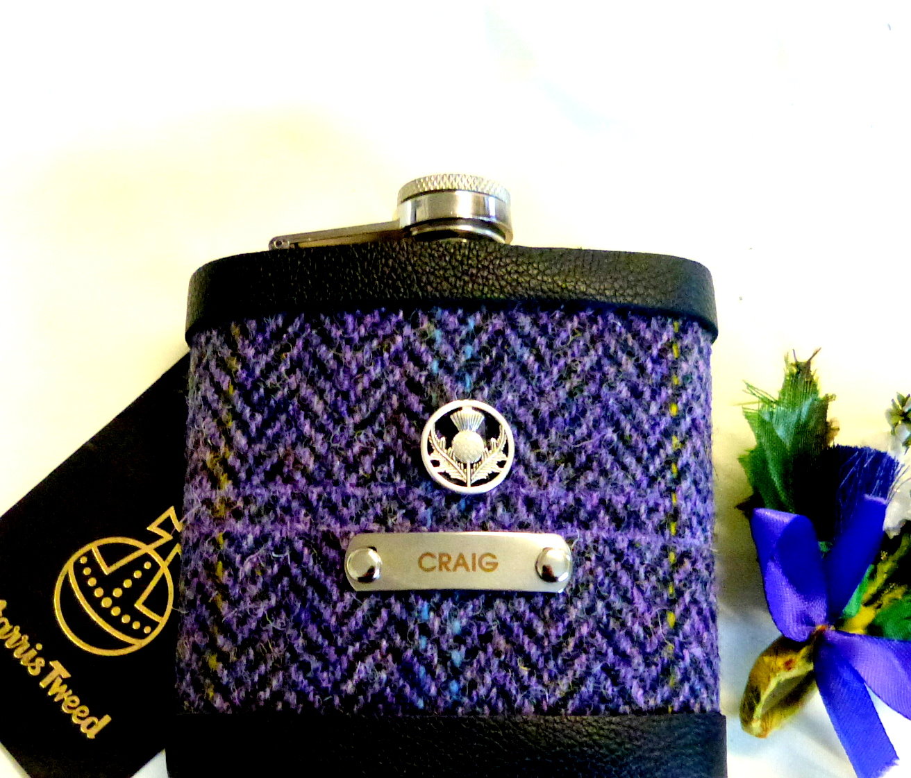 Harris Tweed Hip Flasks Choice of 30 tweeds with custom engraved name and thistle, groomsmen gifts in sets of 3-6