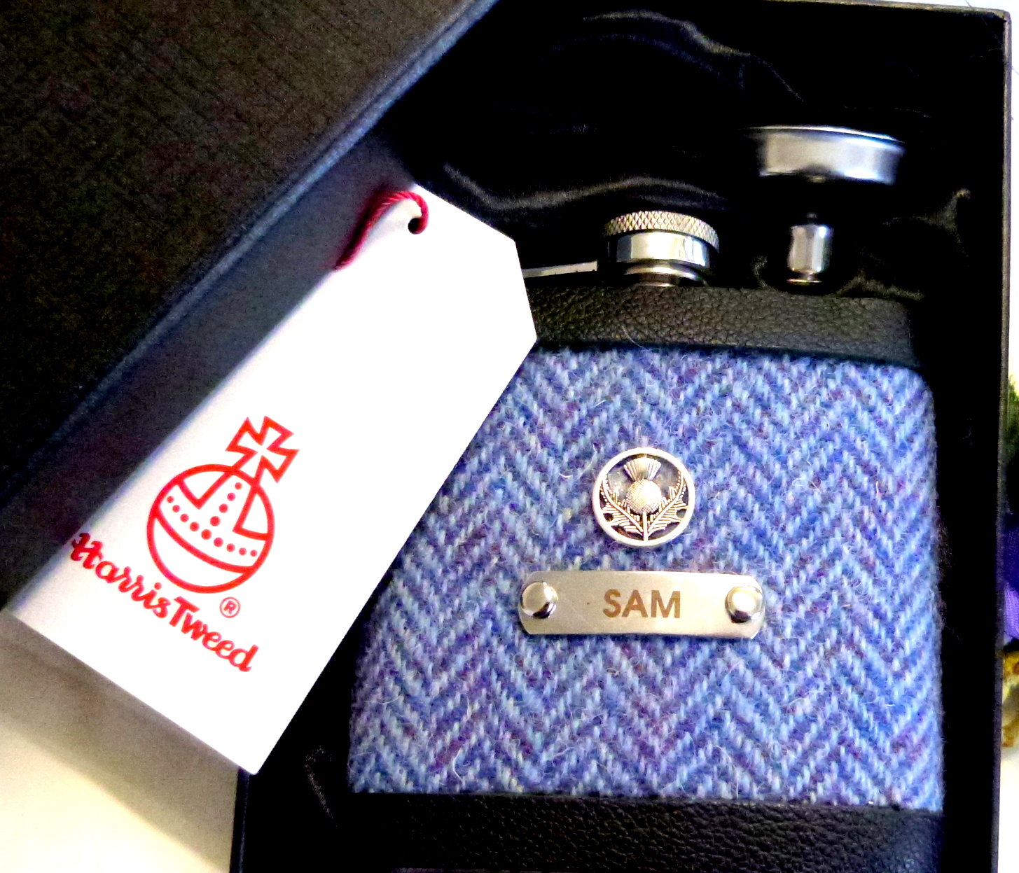 Harris Tweed Hip Flasks Choice of 30 tweeds with custom engraved name and thistle, groomsmen gifts in sets of 3-6