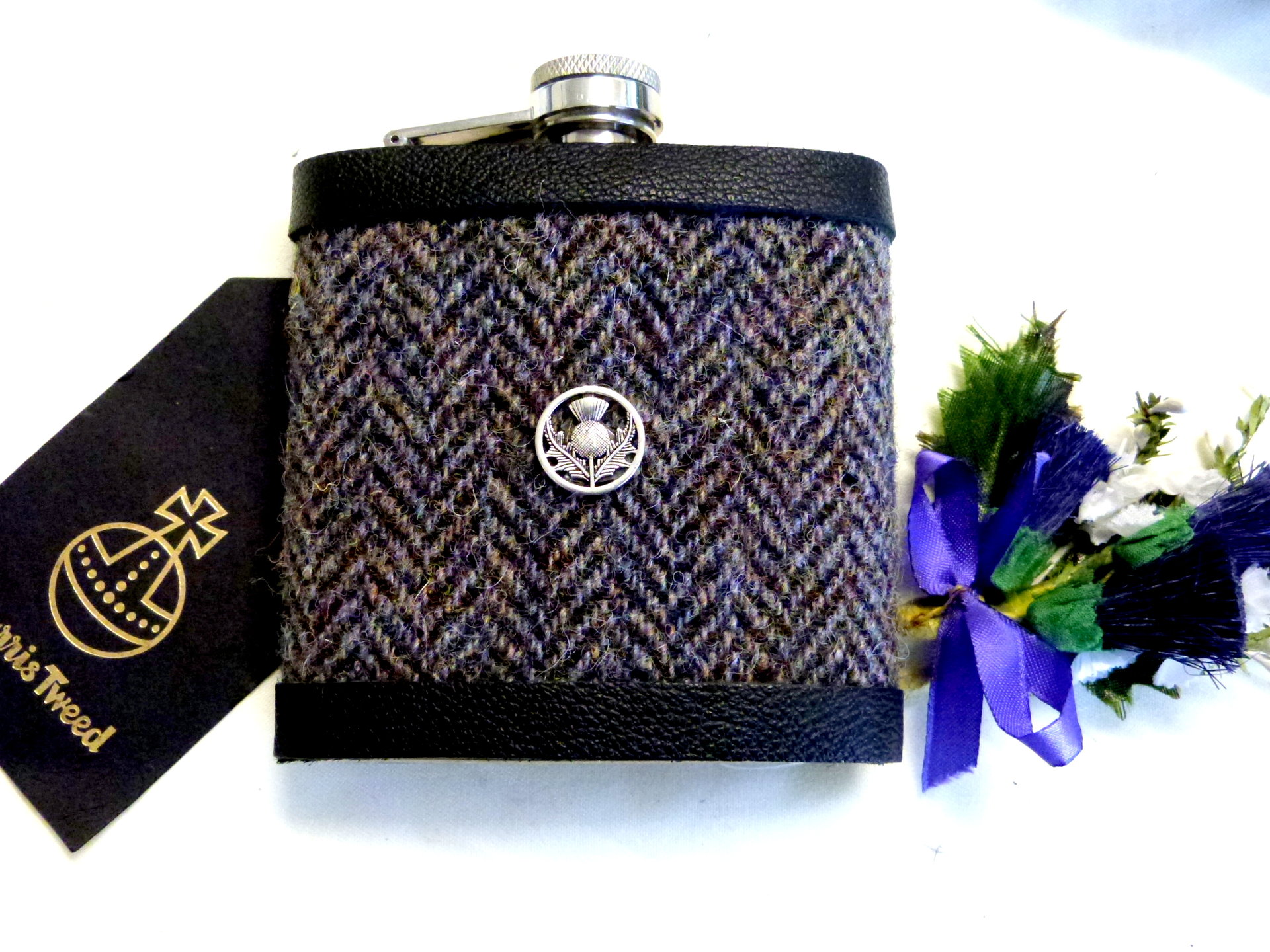 Harris Tweed Hip Flask traditional Herringbone weave with thistle chose colour Scottish gift