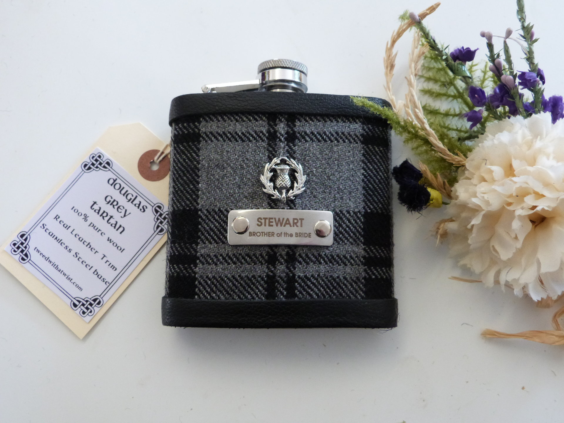 Aberdeen Tartan hip flask with thistle and custom engraved stainless steel tag with any name, date, motto etc.