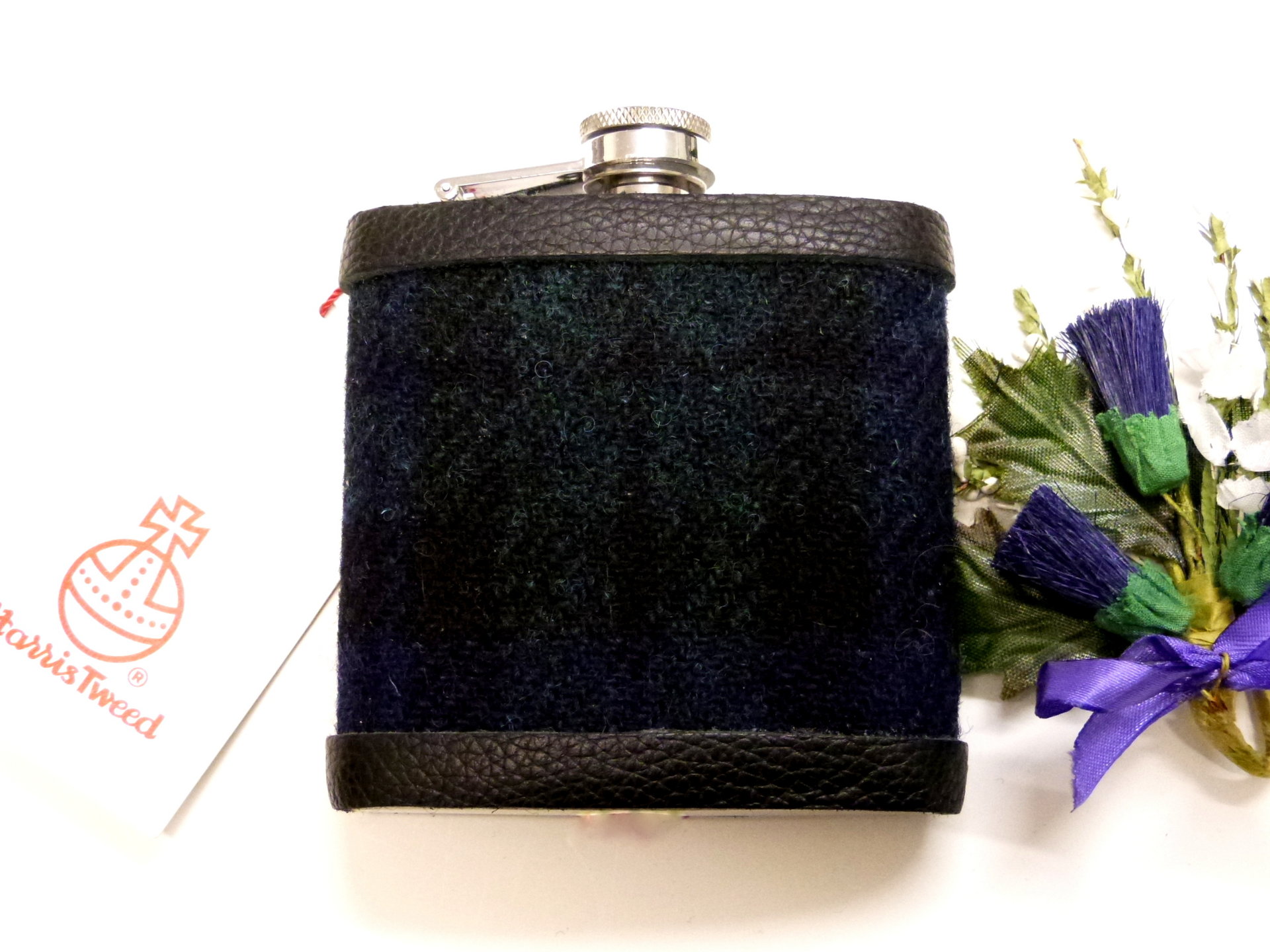 Harris Tweed hip flask in Black Watch Tartan , dark green and blue,  made in scotland  by Tweed with a Twist, an ideal retirement gift ,  best man , groomsman or birthday present