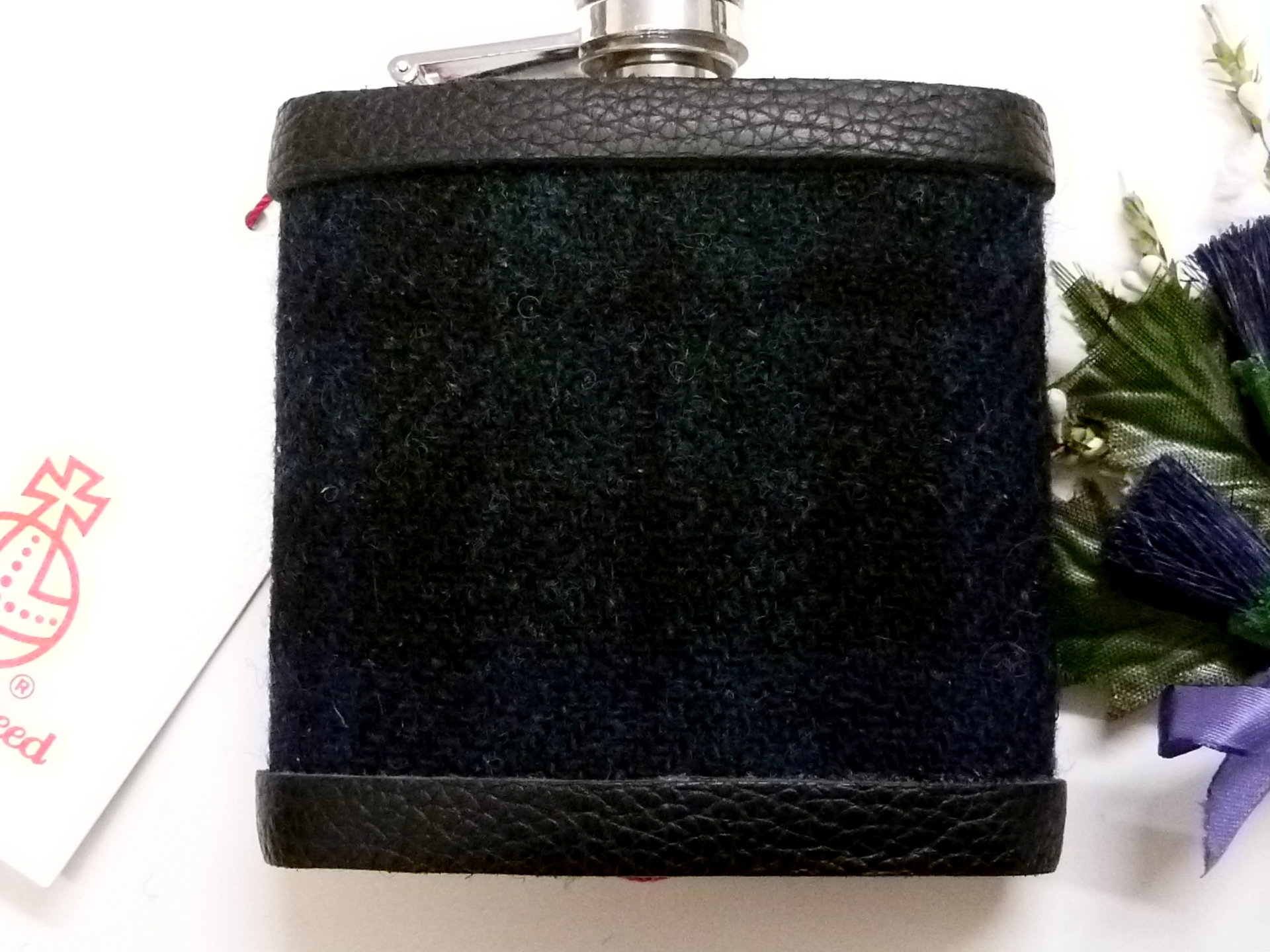 Harris Tweed hip flask in Black Watch Tartan , dark green and blue,  made in scotland  by Tweed with a Twist, an ideal retirement gift ,  best man , groomsman or birthday present