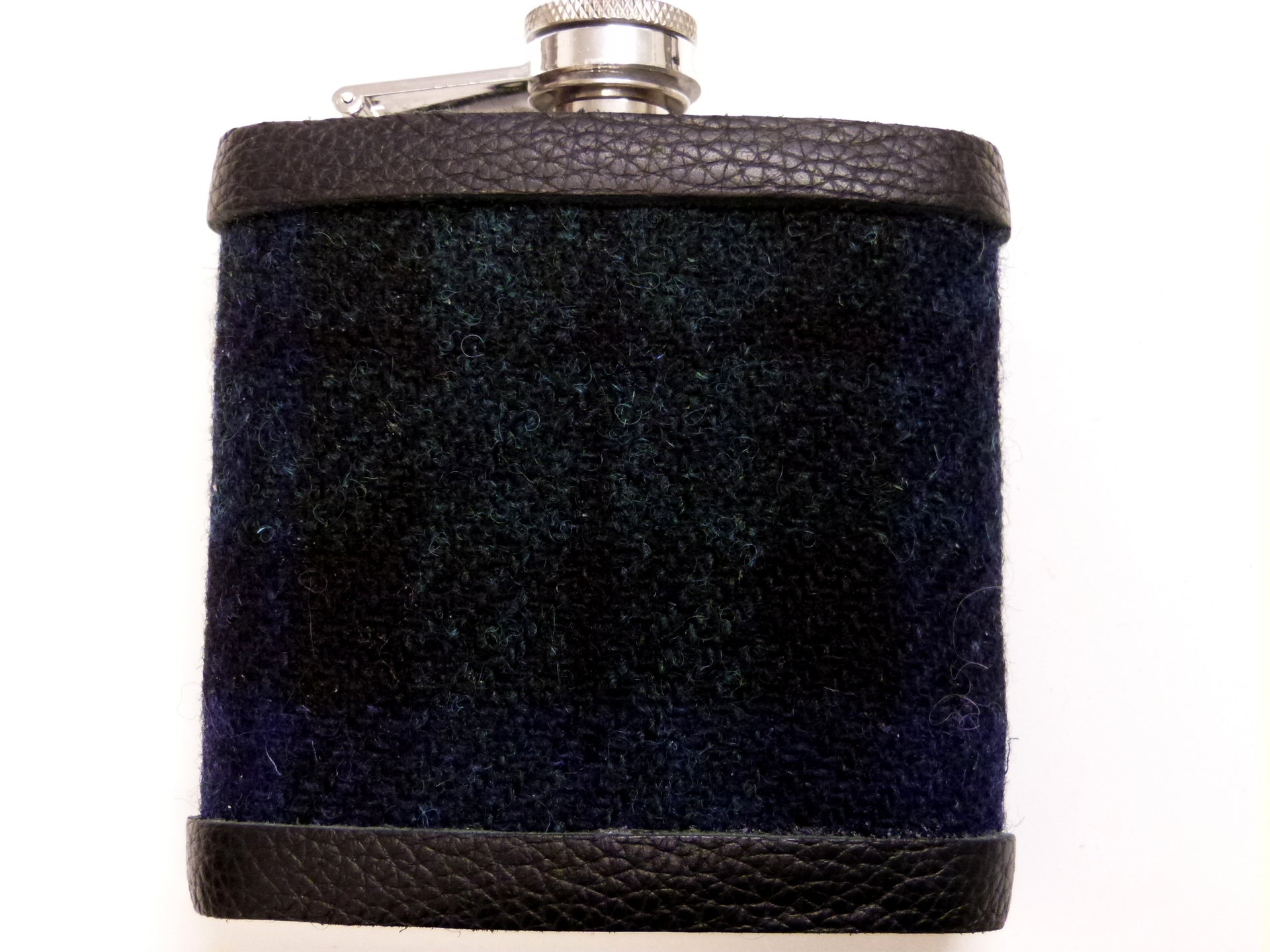 Harris Tweed hip flask in Black Watch Tartan , dark green and blue,  made in scotland  by Tweed with a Twist, an ideal retirement gift ,  best man , groomsman or birthday present