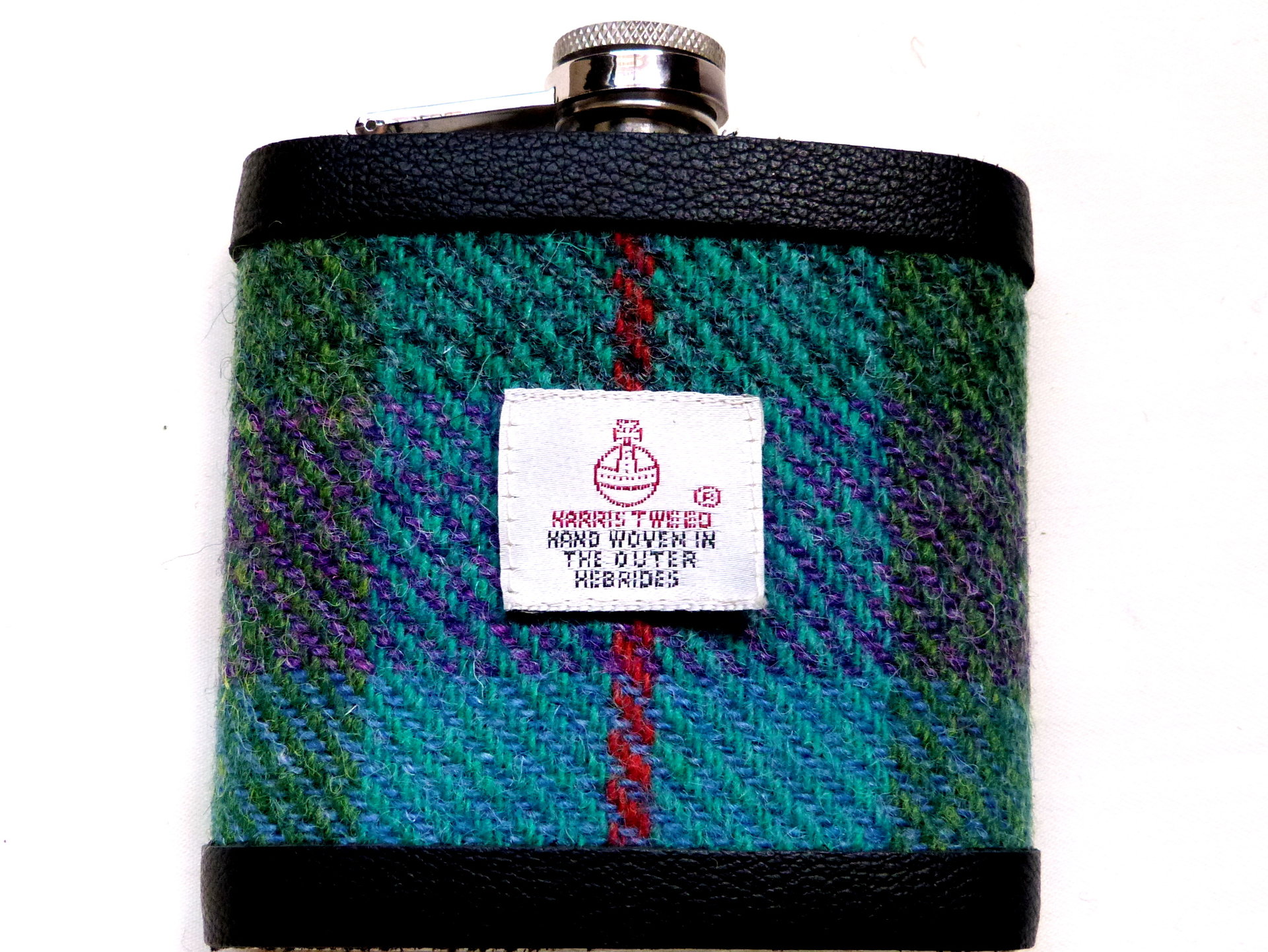 Harris Tweed hip flask in choice of  30 patterns and colours with Orb label handmade in Scotland using handwoven tweed and real leather trim