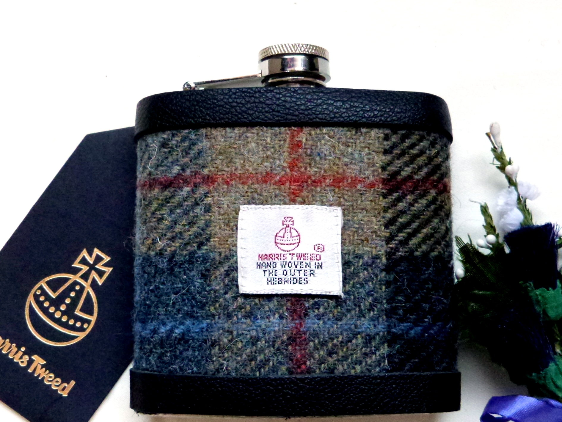 Harris Tweed hip flask in choice of  30 patterns and colours with Orb label handmade in Scotland using handwoven tweed and real leather trim