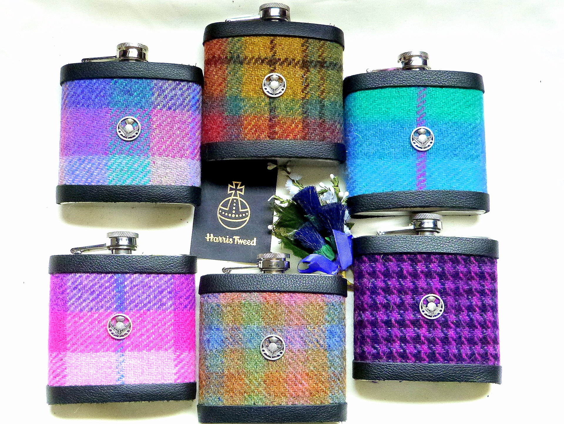 Harris Tweed hip flask with thistle, engraved names, in choice of  30 patterns and colours handmade in Scotland using handwoven tweed and real leather trim