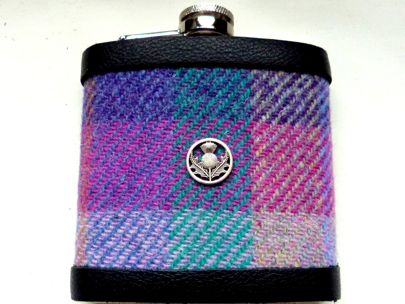 Harris Tweed hip flask with thistle, engraved names, in choice of  30 patterns and colours handmade in Scotland using handwoven tweed and real leather trim