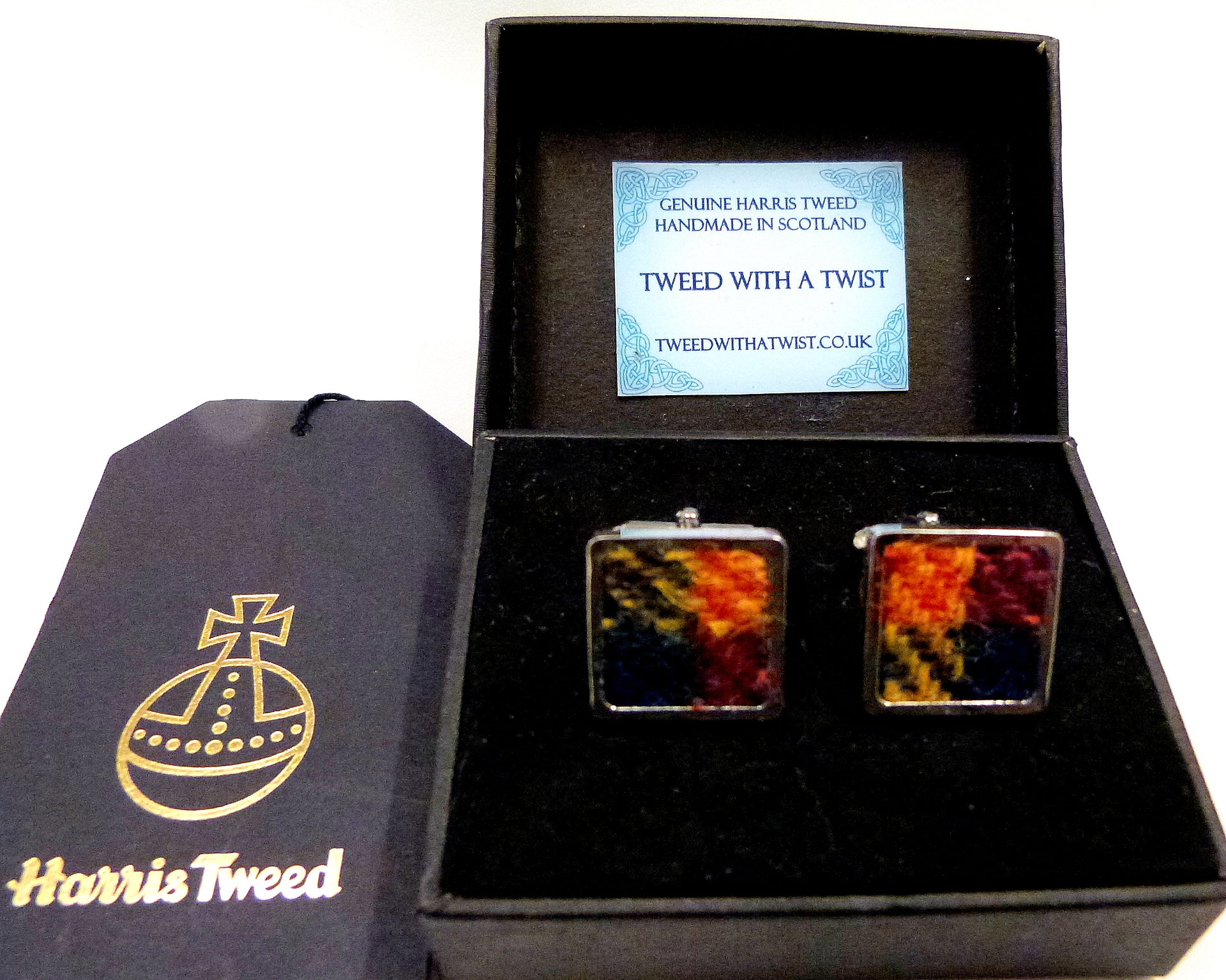 Harris Tweed-cufflinks-Buchanan-tartan-gift box-gift for him-groomsmen-Best man