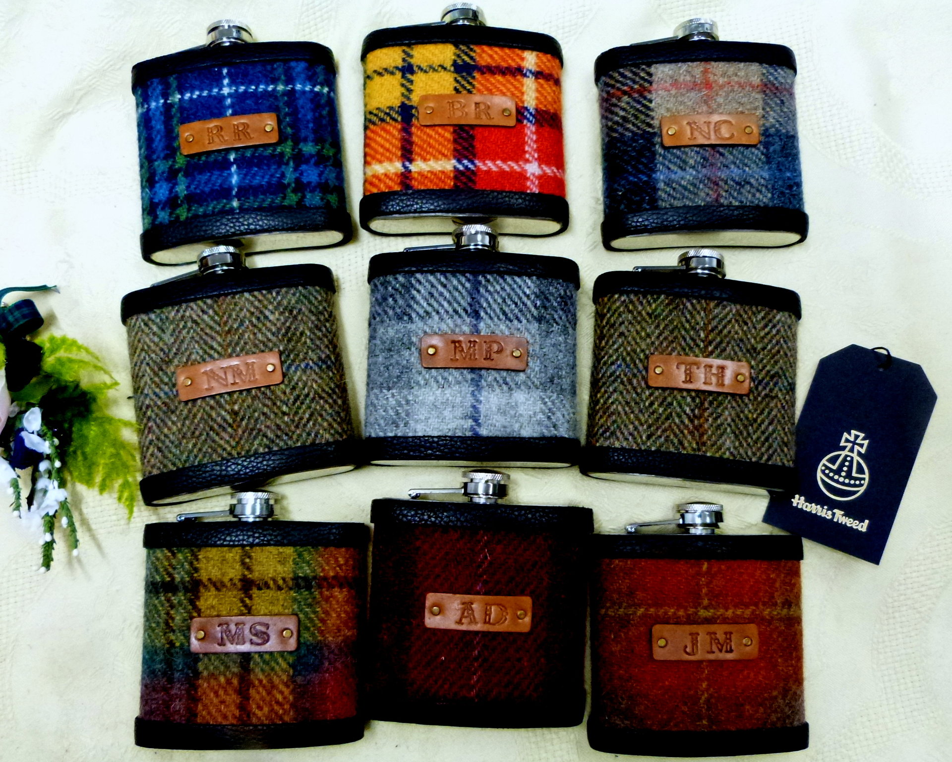 Your Wedding kilt tartan Hip Flasks  with initials embossed on leather labels for Best Man,  Father of Bride or groomsmen, Scottish luxury gift sets of 3-6