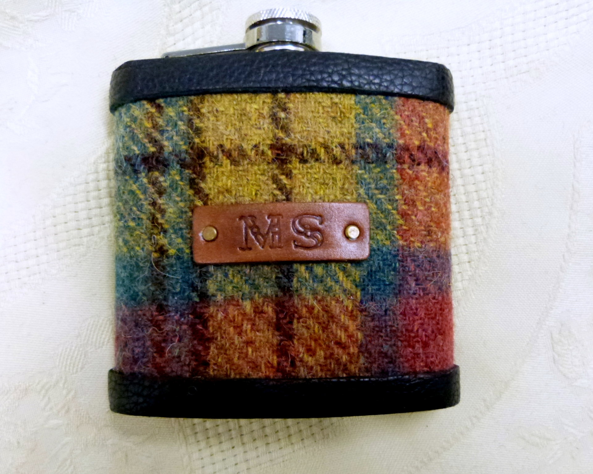 Harris Tweed hip flask Ancient weathered Buchanan colours, yellow green and rose red plaid  made in scotland