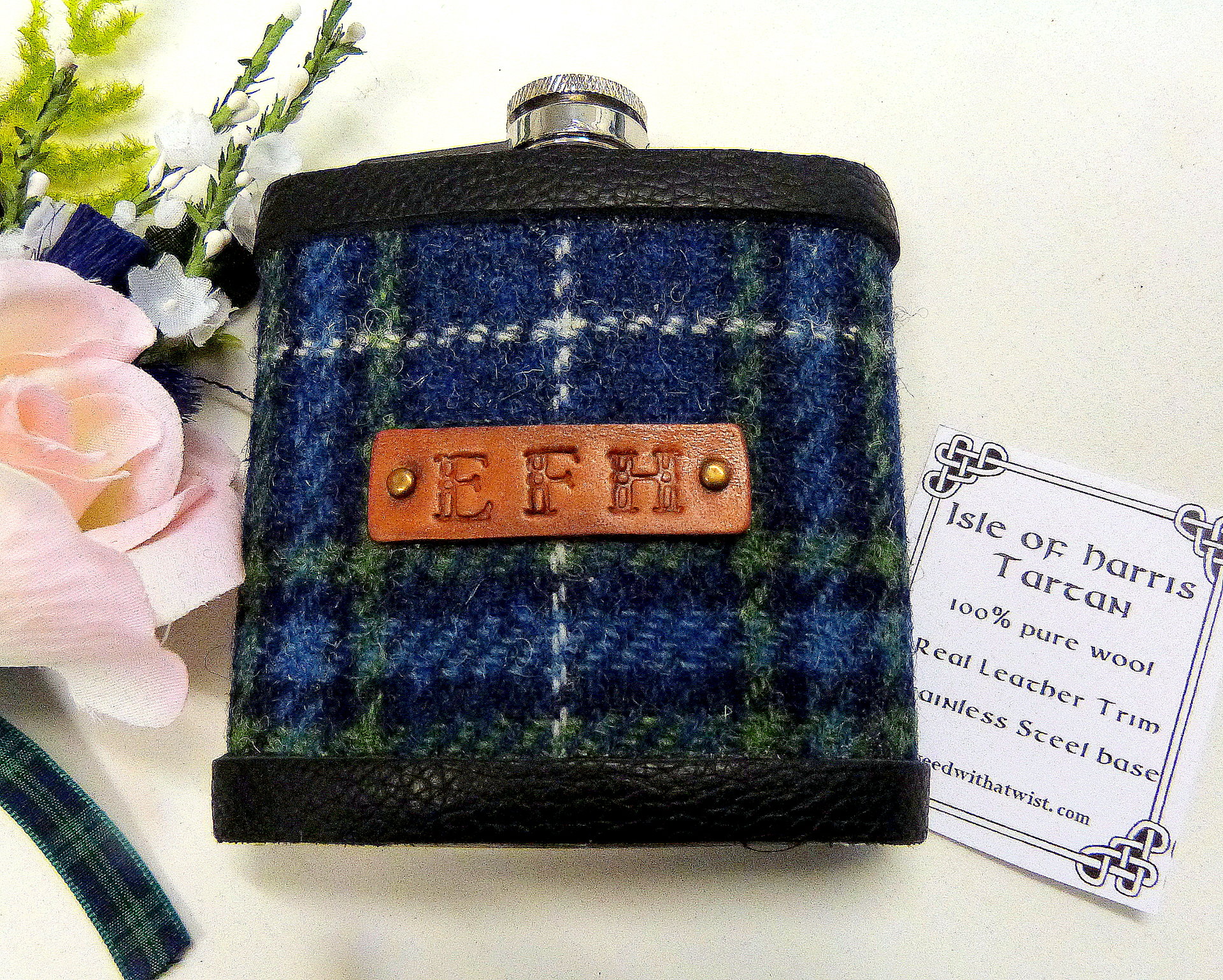 Harris Tweed Hip flask with hand embossed initials on brown leather tag in a choice of 30 different  colours unique personalised gift for Christmas, birthday, Best Man