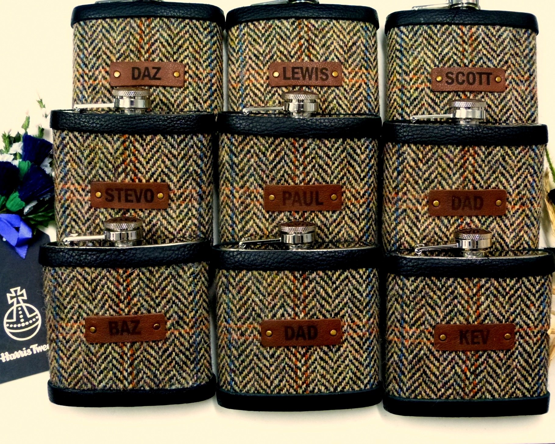 Personalised Groomsman gifts  Harris Tweed hip flasks with individual names on leather labels Scottish luxury gift for wedding  Best Man, Usher, Father of Bride or groom, choice of tweeds.
