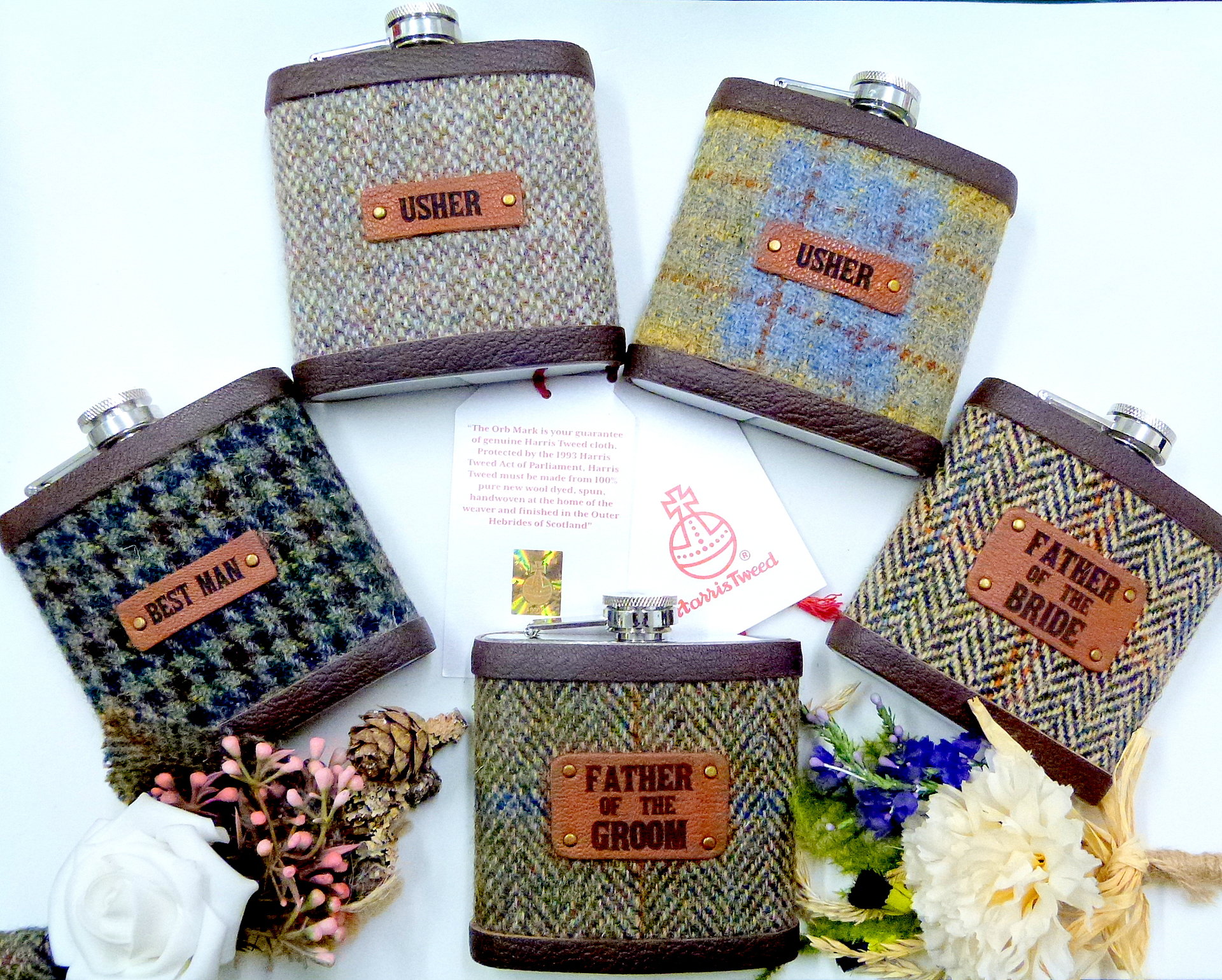 Harris Tweed Hip Flasks with standard leather labels in sets of 3-6 for Best Man, Usher, Father of Bride or groomsmen, etc. Scottish luxury gift