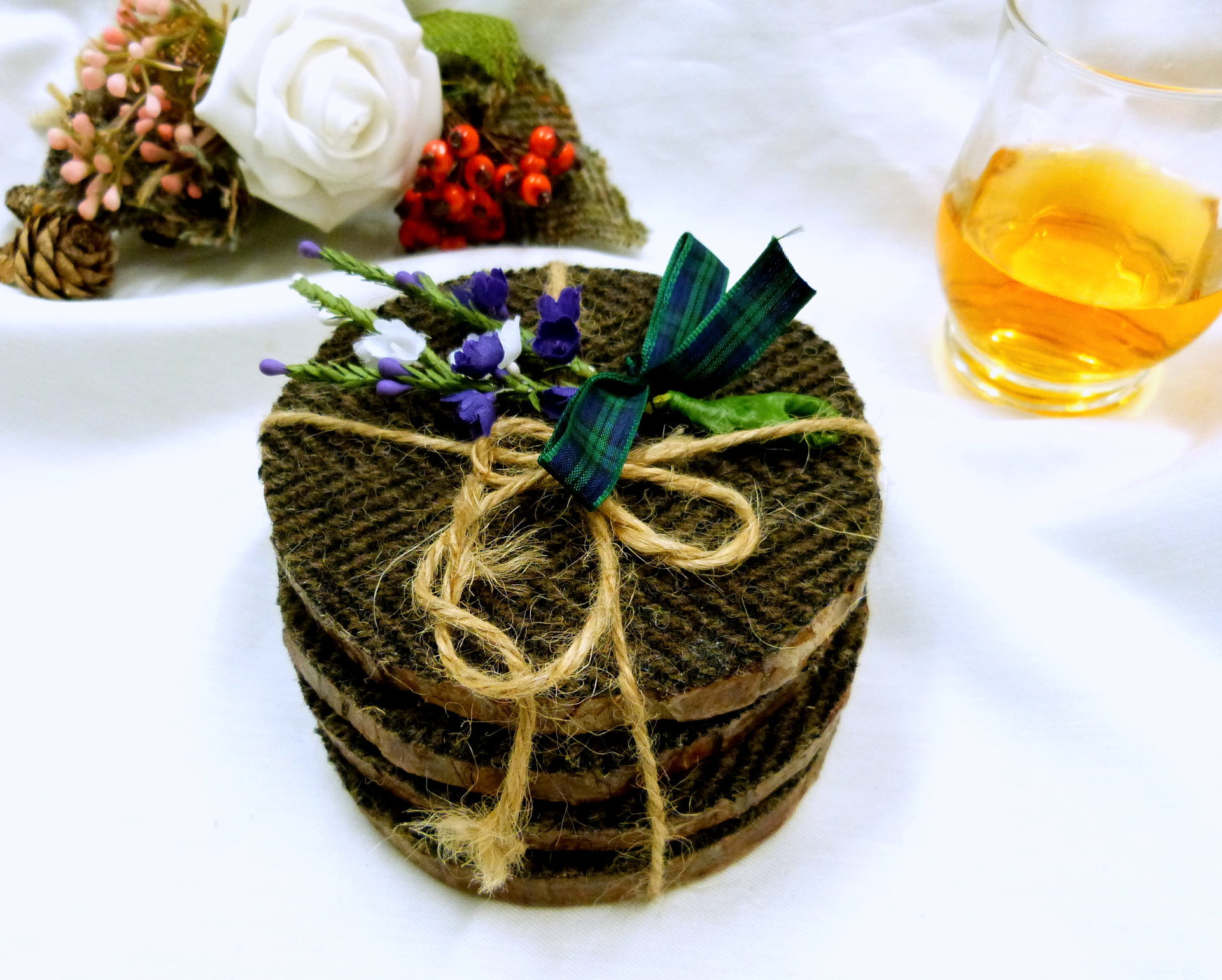 Log slice Harris Tweed rustic drinks coasters, set of four brown herringbone handmade with natural pine wood and pure wool tweed