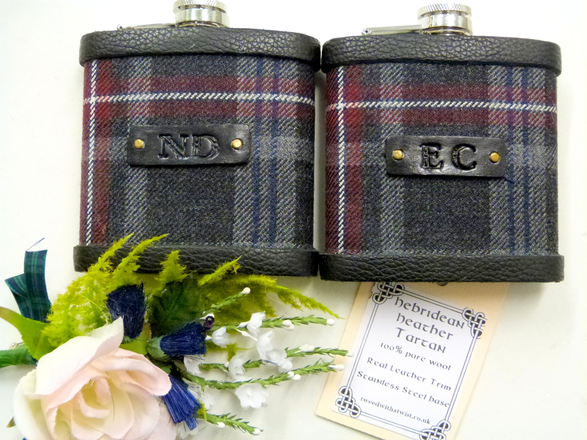 Your Wedding kilt tartan Hip Flasks  with initials embossed on leather labels for Best Man,  Father of Bride or groomsmen, Scottish luxury gift sets of 3-6