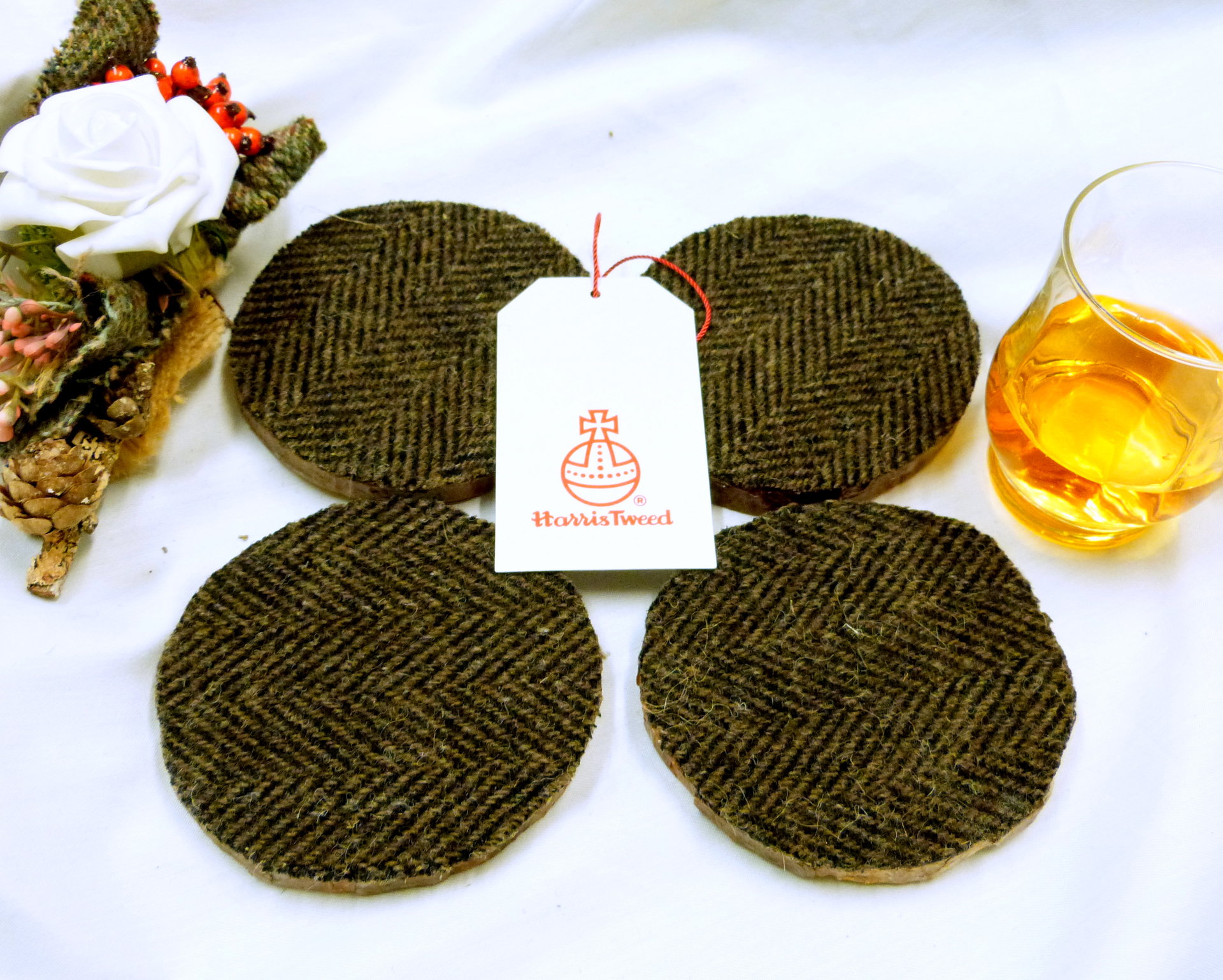 Log slice Harris Tweed rustic drinks coasters, set of four brown herringbone handmade with natural pine wood and pure wool tweed