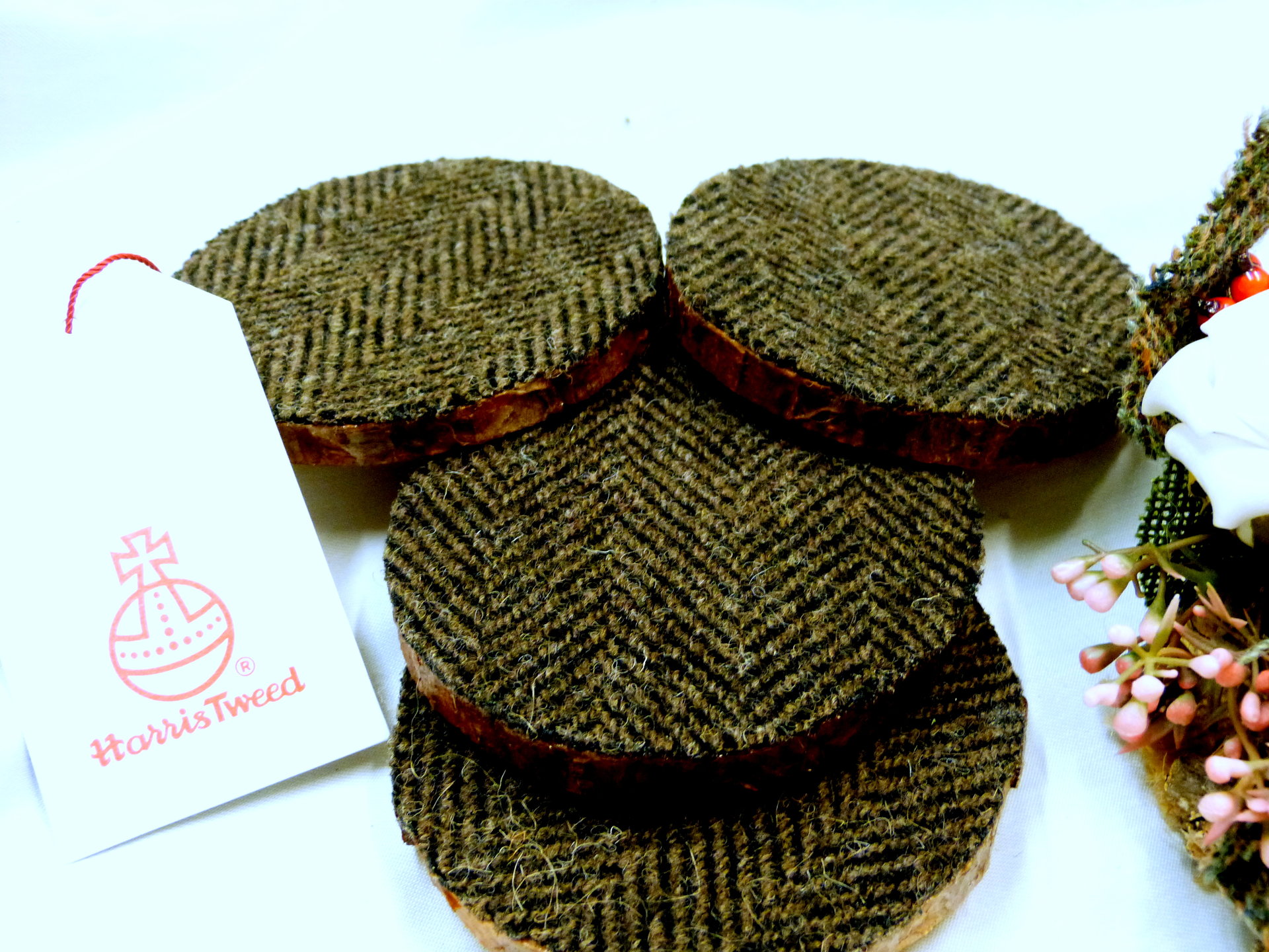 Log slice Harris Tweed rustic drinks coasters, set of four brown herringbone handmade with natural pine wood and pure wool tweed