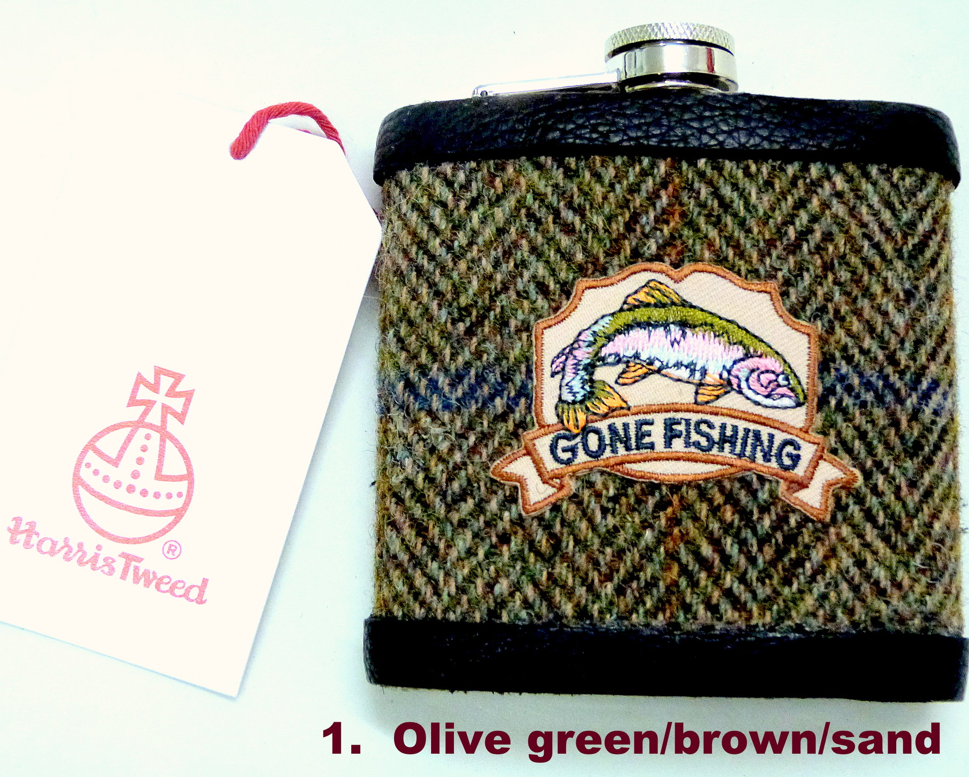 gone fishing-flask-harris tweed-fishermans gift-gift for him-mens gift