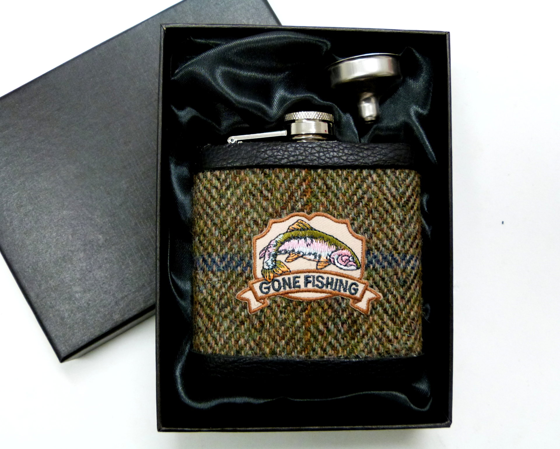 Harris Tweed hip flask embellished Gone Fishing, fisherman's gift, ideal for Dad, Father's Day, birthday, Christmas.