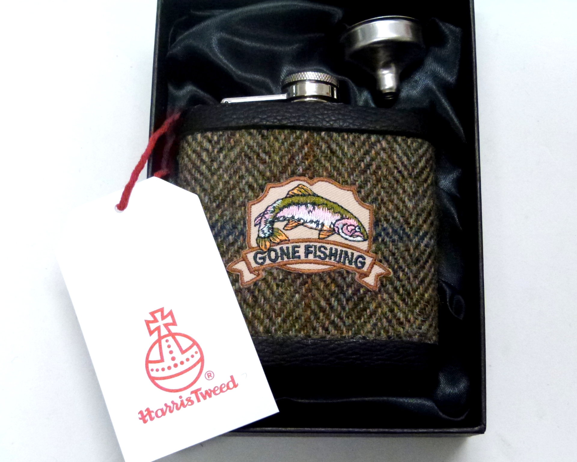 Harris Tweed hip flask embellished Gone Fishing, fisherman's gift, ideal for Dad, Father's Day, birthday, Christmas.