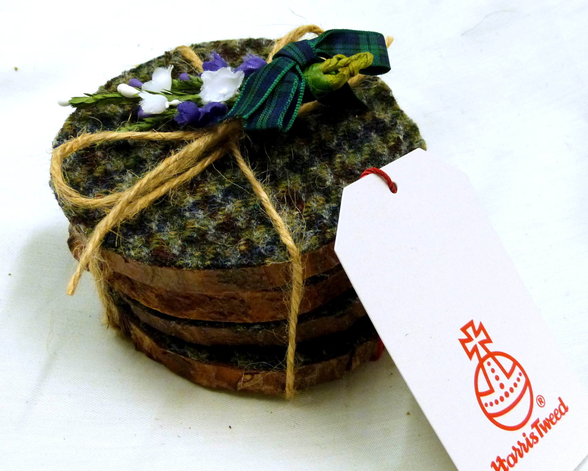 Wood slice Harris Tweed drinks coasters Green blue houndstooth unique handmade gift made in Scotland