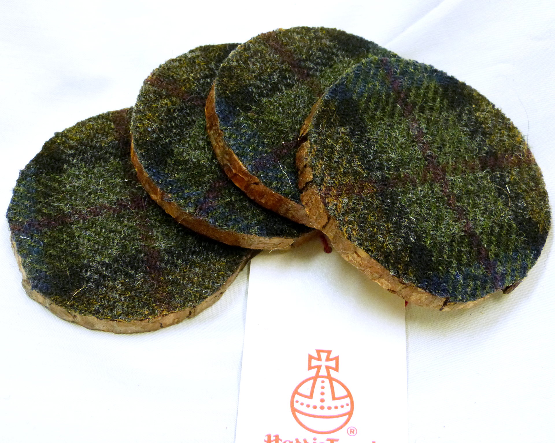 Wood slice Harris Tweed drinks coasters " Black Cuillins " set of four made in Scotland a unique handmade gift