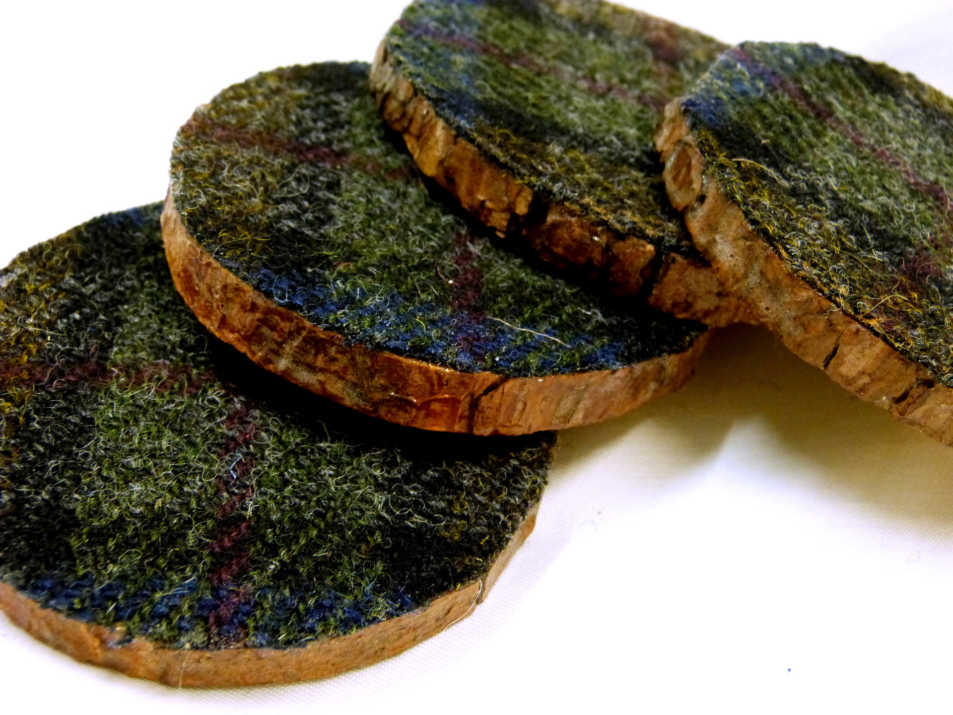 Wood slice Harris Tweed drinks coasters " Black Cuillins " set of four made in Scotland a unique handmade gift