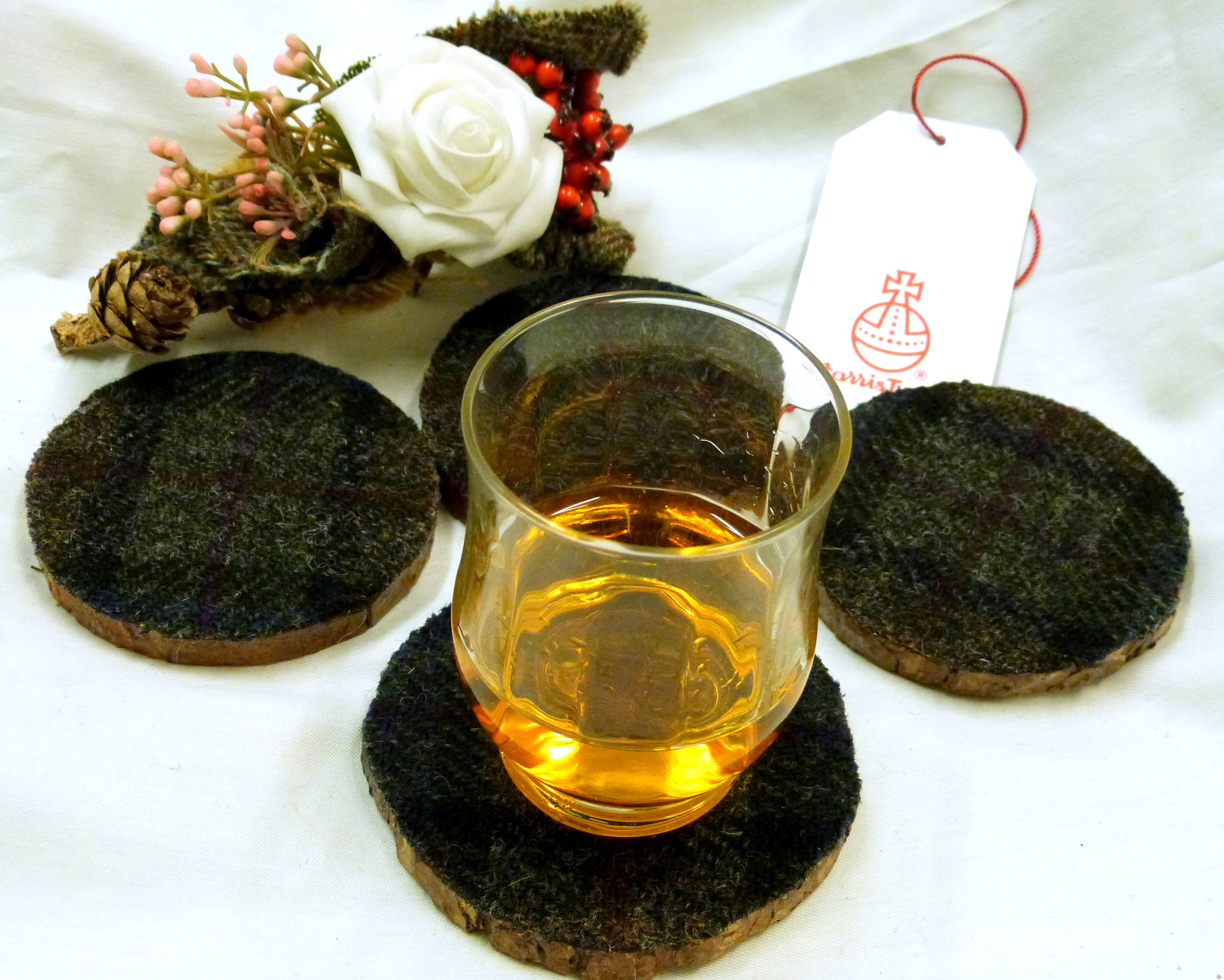 Wood slice Harris Tweed drinks coasters " Black Cuillins " set of four made in Scotland a unique handmade gift