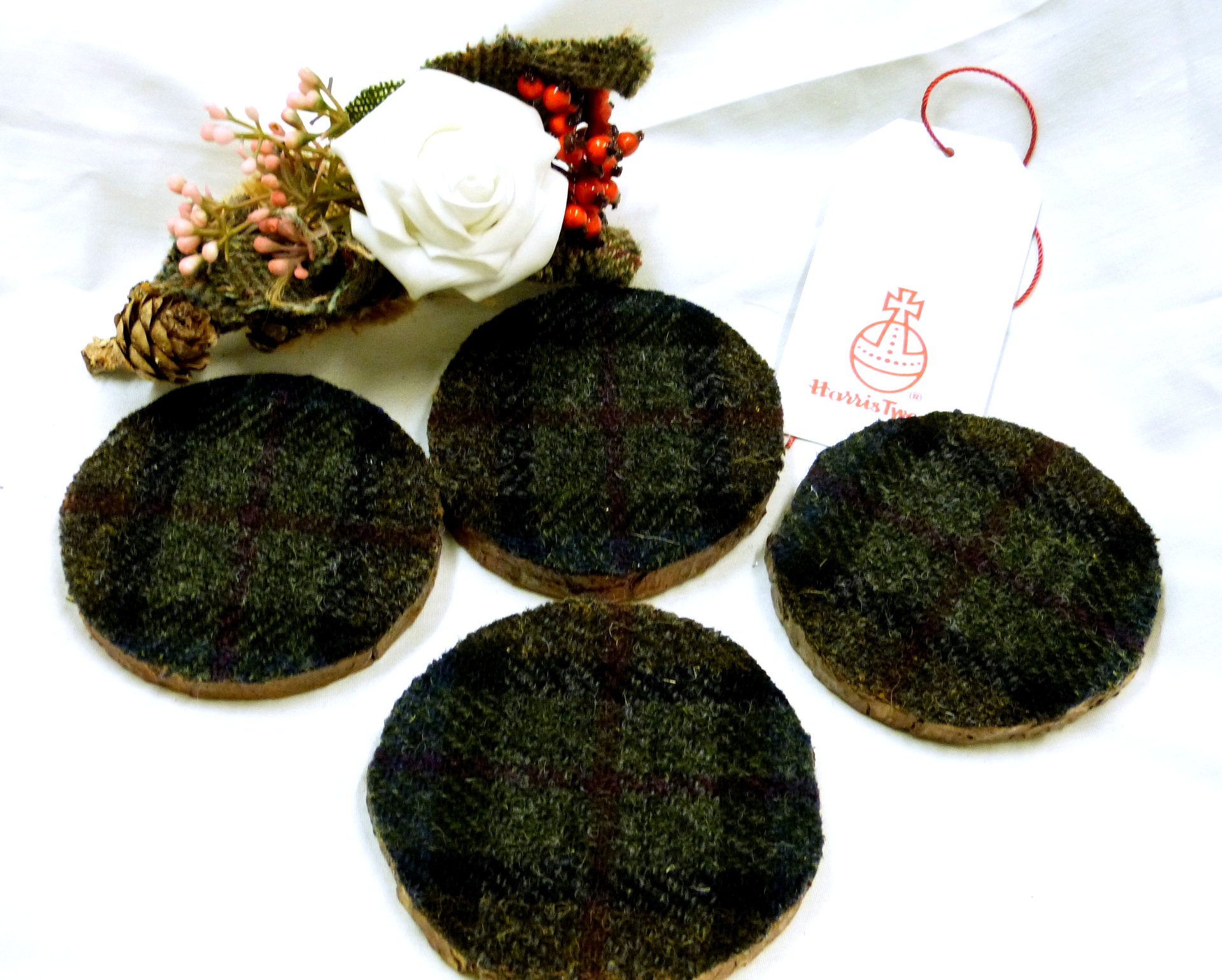 Wood slice Harris Tweed drinks coasters " Black Cuillins " set of four made in Scotland a unique handmade gift