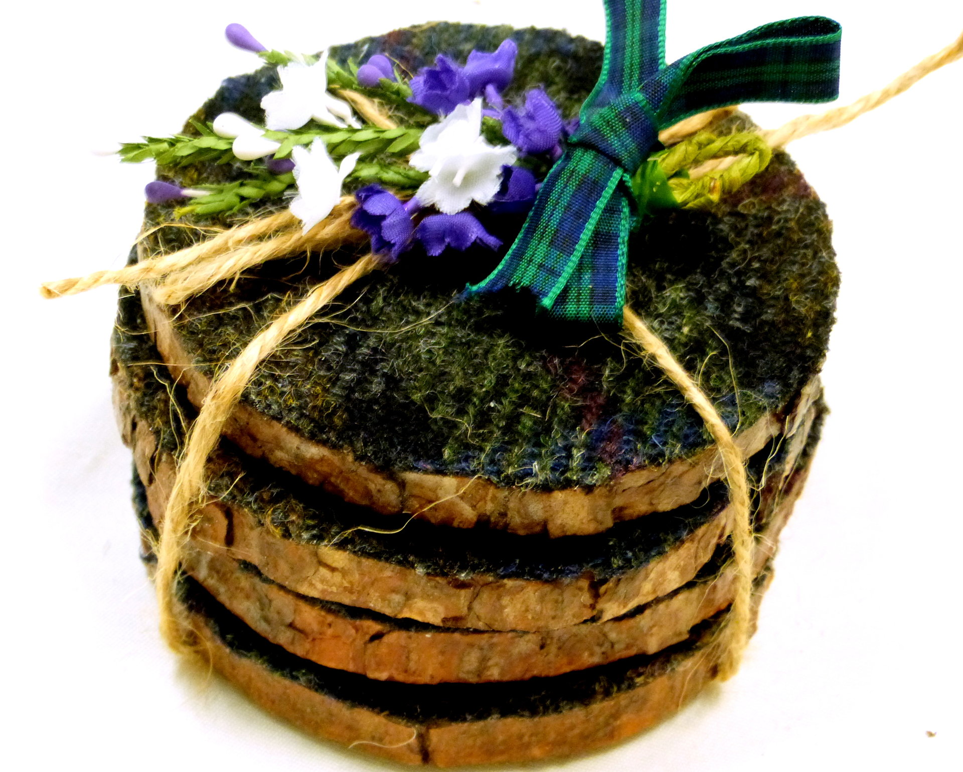 Wood slice Harris Tweed drinks coasters " Black Cuillins " set of four made in Scotland a unique handmade gift