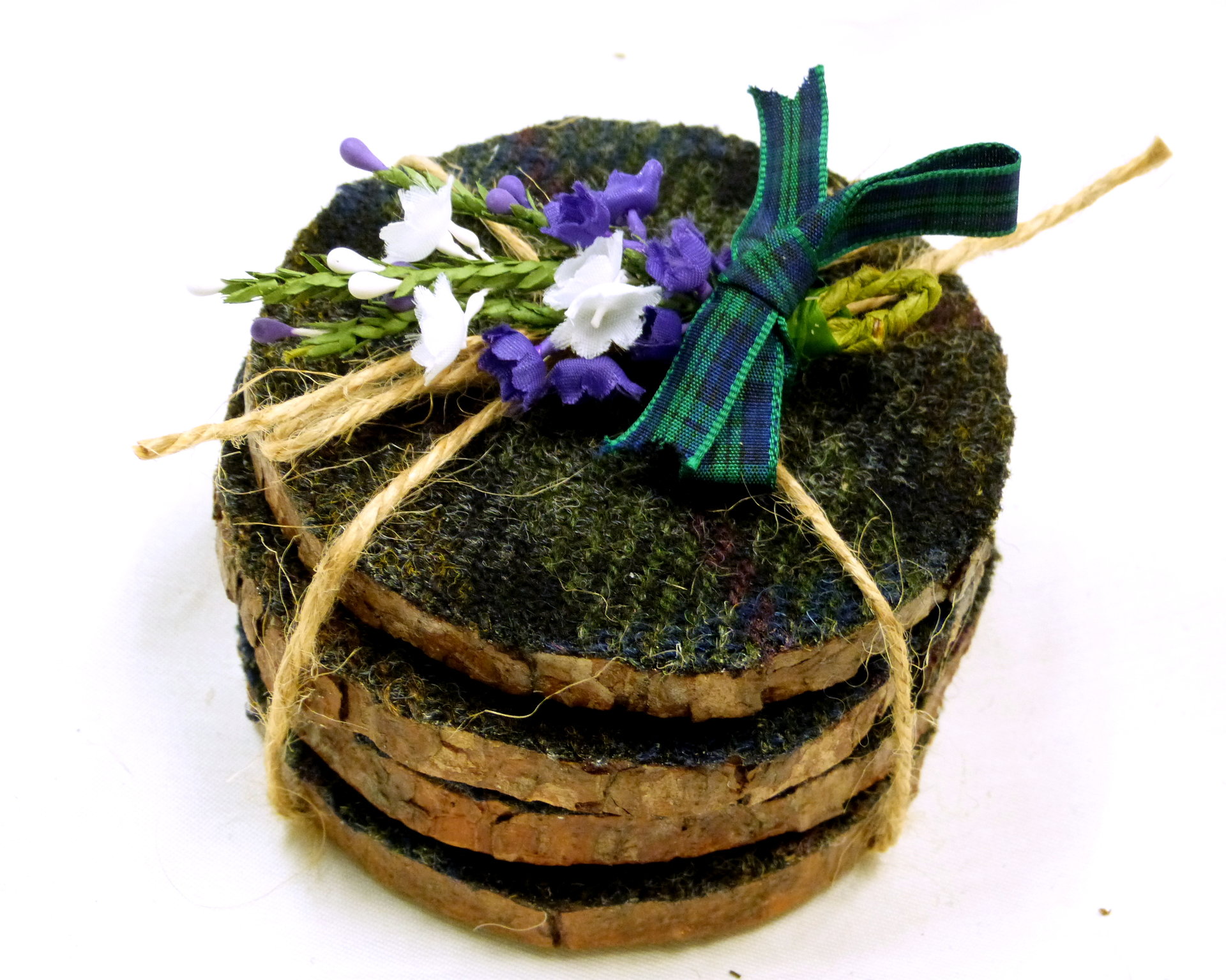 Wood slice Harris Tweed drinks coasters " Black Cuillins " set of four made in Scotland a unique handmade gift