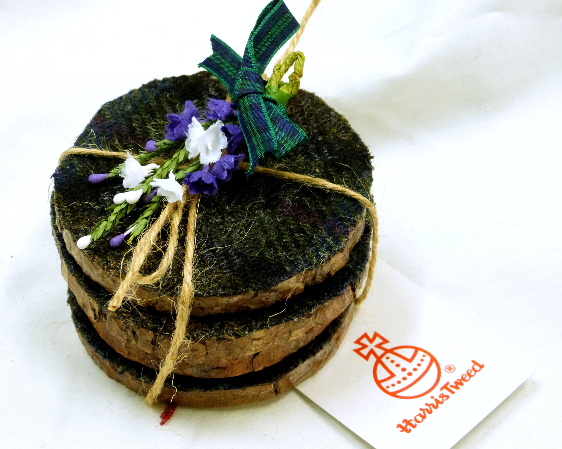 Wood slice Harris Tweed drinks coasters " Black Cuillins " set of four made in Scotland a unique handmade gift