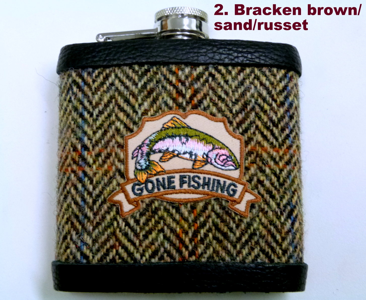 Harris Tweed hip flask embellished Gone Fishing, fisherman's gift, ideal for Dad, Father's Day, birthday, Christmas.