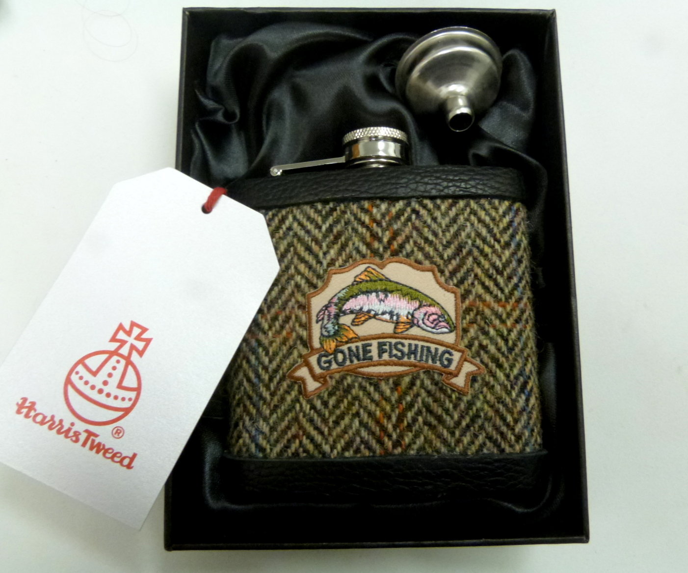 Harris Tweed hip flask embellished Gone Fishing, fisherman's gift, ideal for Dad, Father's Day, birthday, Christmas.