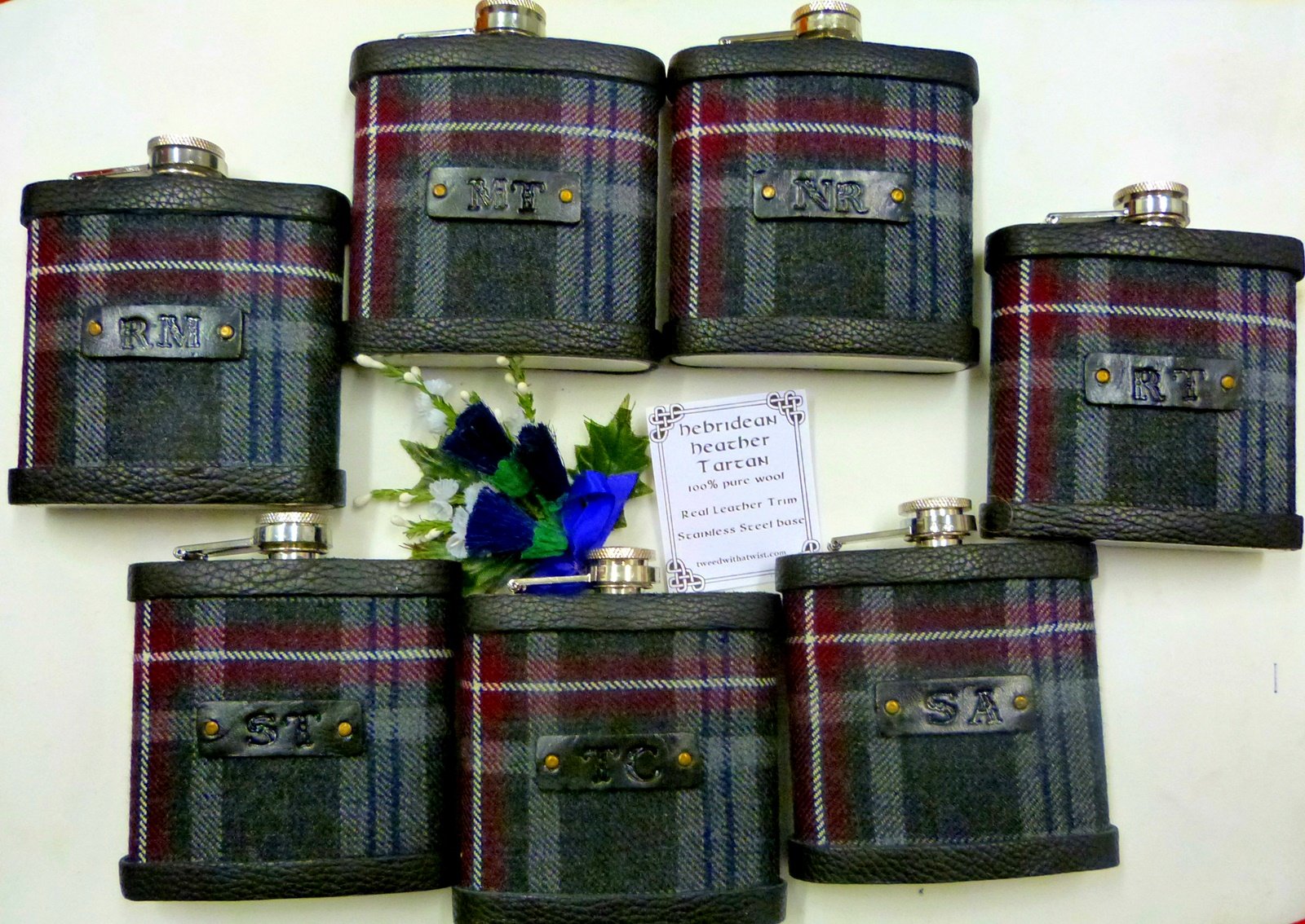 Your Wedding kilt tartan Hip Flasks  with initials embossed on leather labels for Best Man,  Father of Bride or groomsmen, Scottish luxury gift sets of 3-6