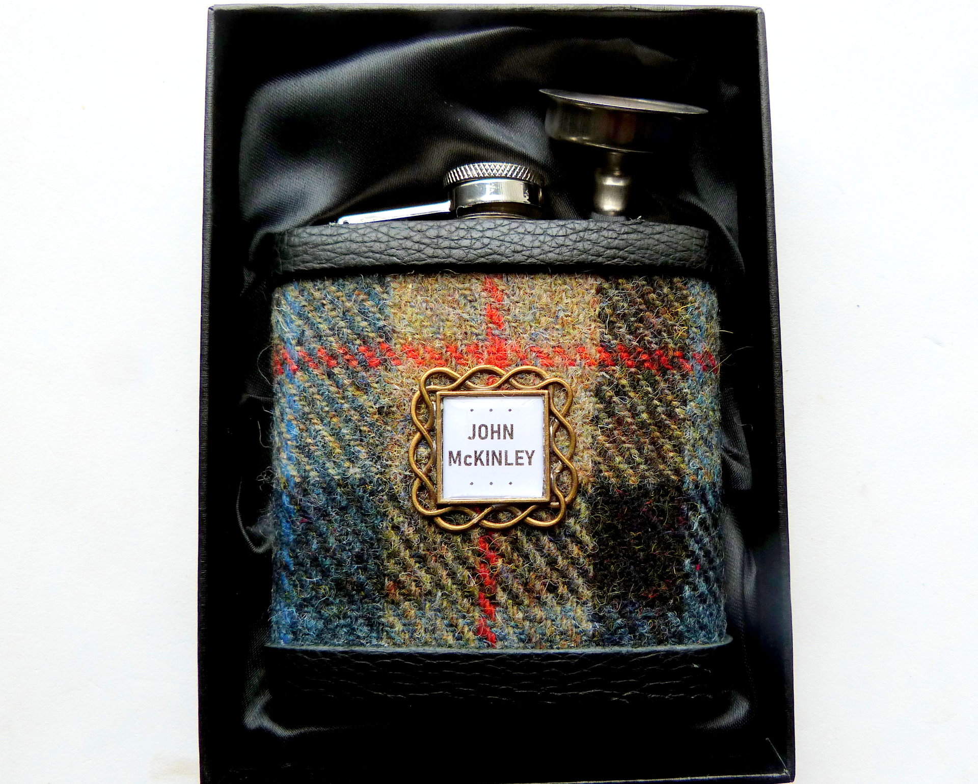 Personalised Harris Tweed hip flask with name in celtic setting, Scottish luxury gift for Christmas , unique gift for birthday, retirement , monogrammed flask