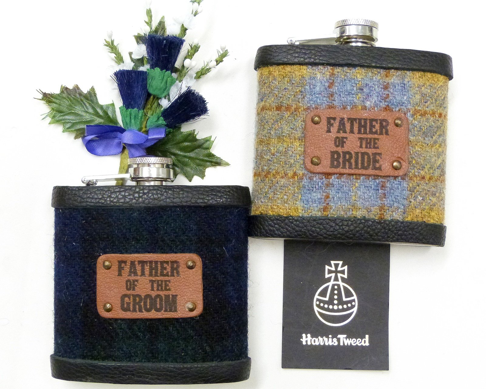 Harris Tweed Hip Flasks with standard leather labels in sets of 3-6 for Best Man, Usher, Father of Bride or groomsmen, etc. Scottish luxury gift