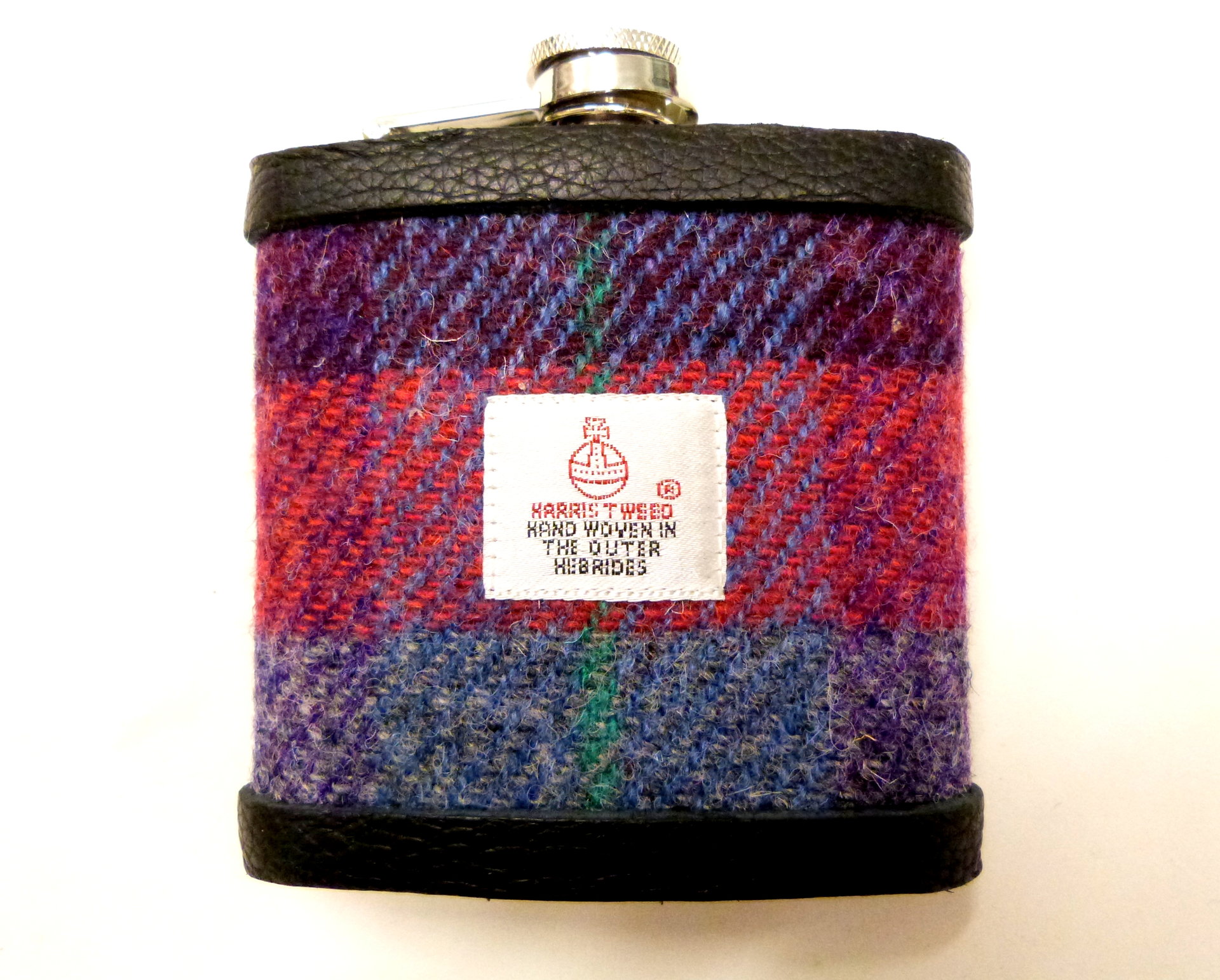 Harris-tweed-hip-flask-purple-red-and-blue-boxed-gift-for-men