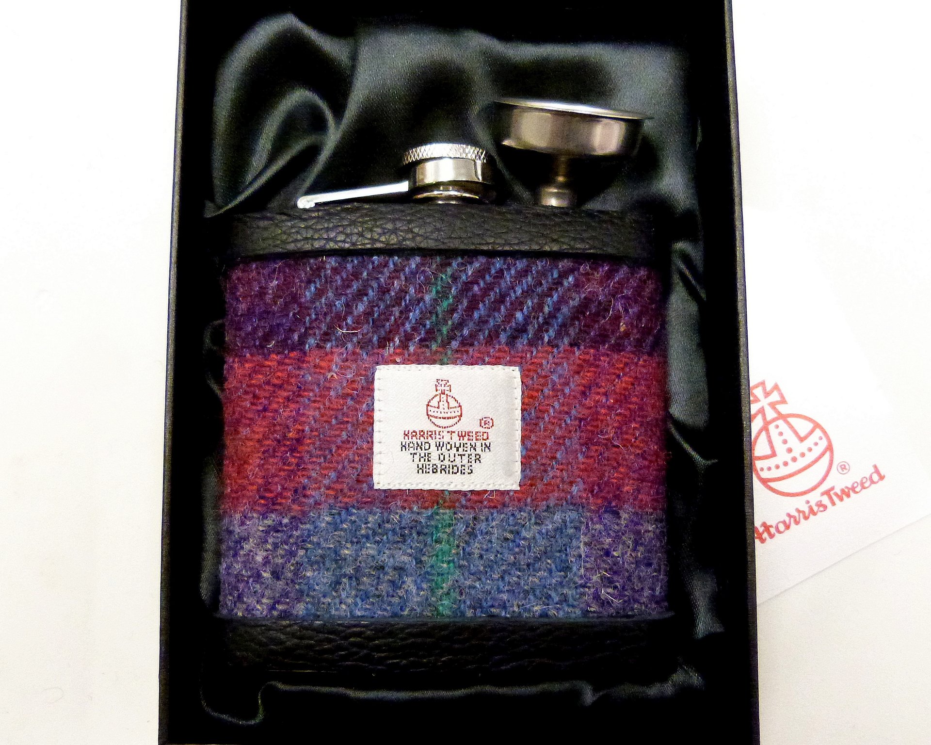 Harris-tweed-hip-flask-purple-red-and-blue-boxed-gift-for-men