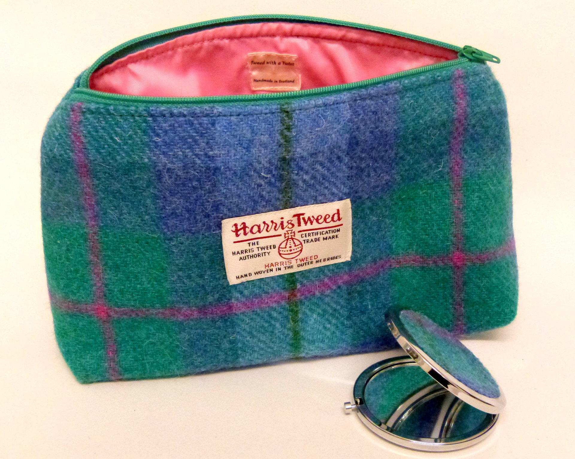 Harris Tweed Jade green, Blue and pink cosmetic bag with  matching compact mirror