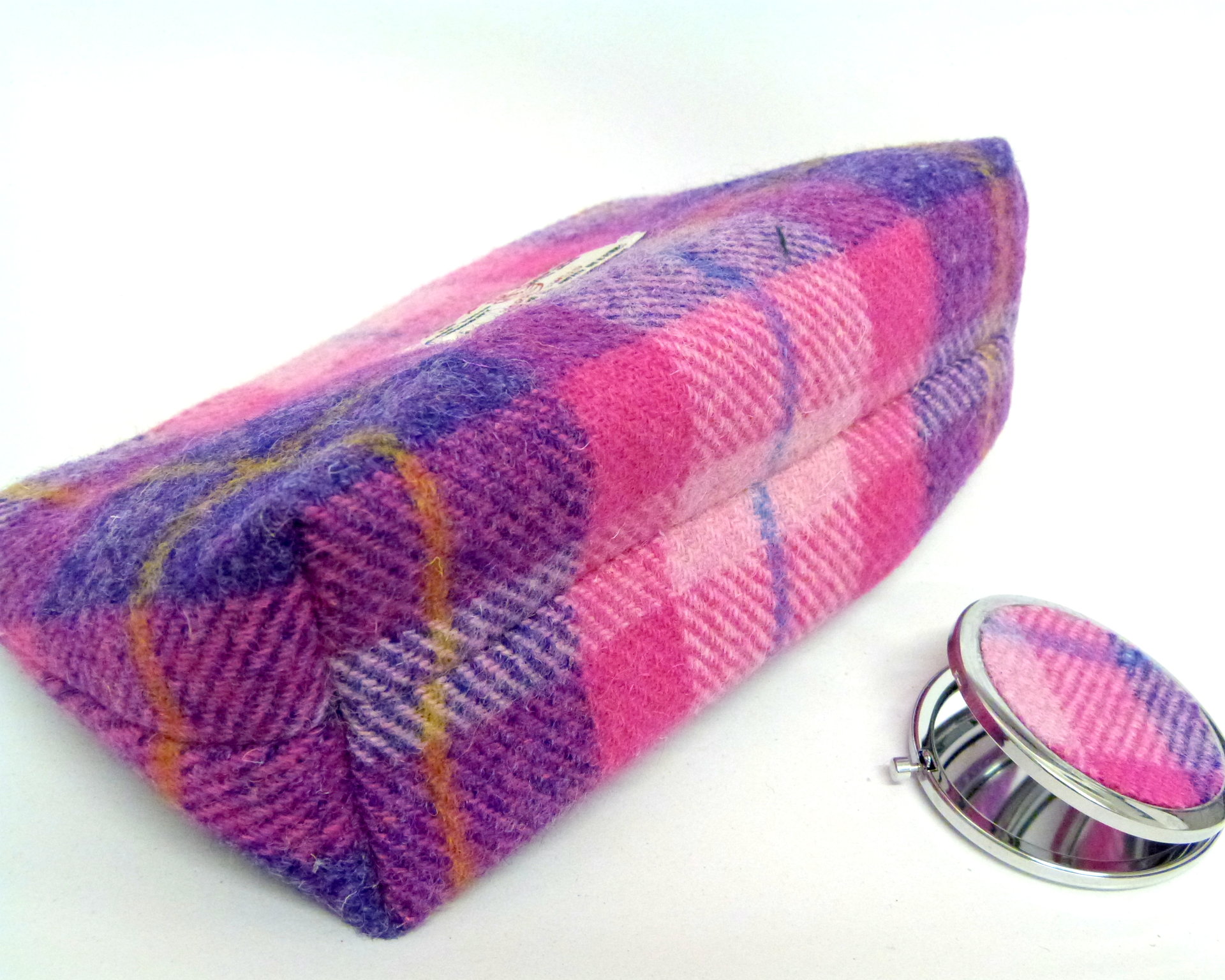 Cosmetic bag pink and purple Harris Tweed with matching compact mirror