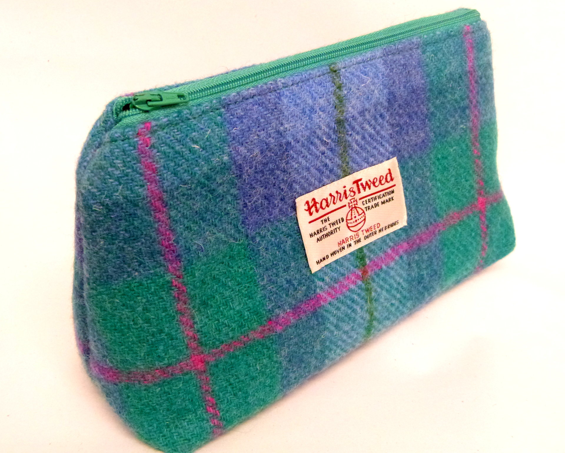 Harris Tweed Jade green, Blue and pink cosmetic bag with  matching compact mirror