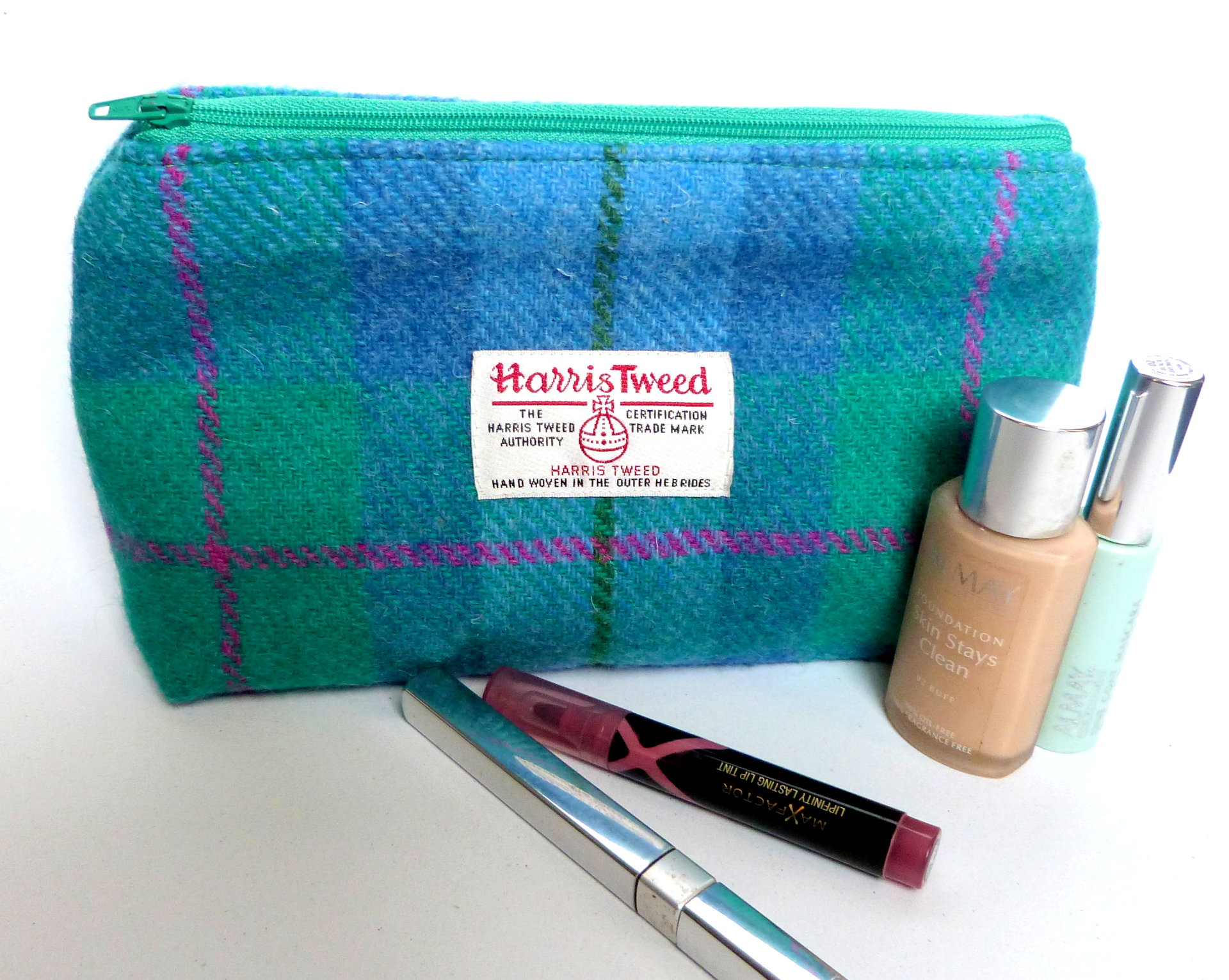 Harris Tweed Jade green, Blue and pink cosmetic bag with  matching compact mirror