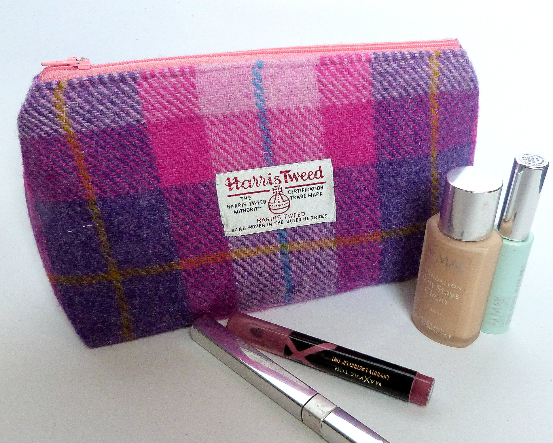 Cosmetic bag pink and purple Harris Tweed with matching compact mirror