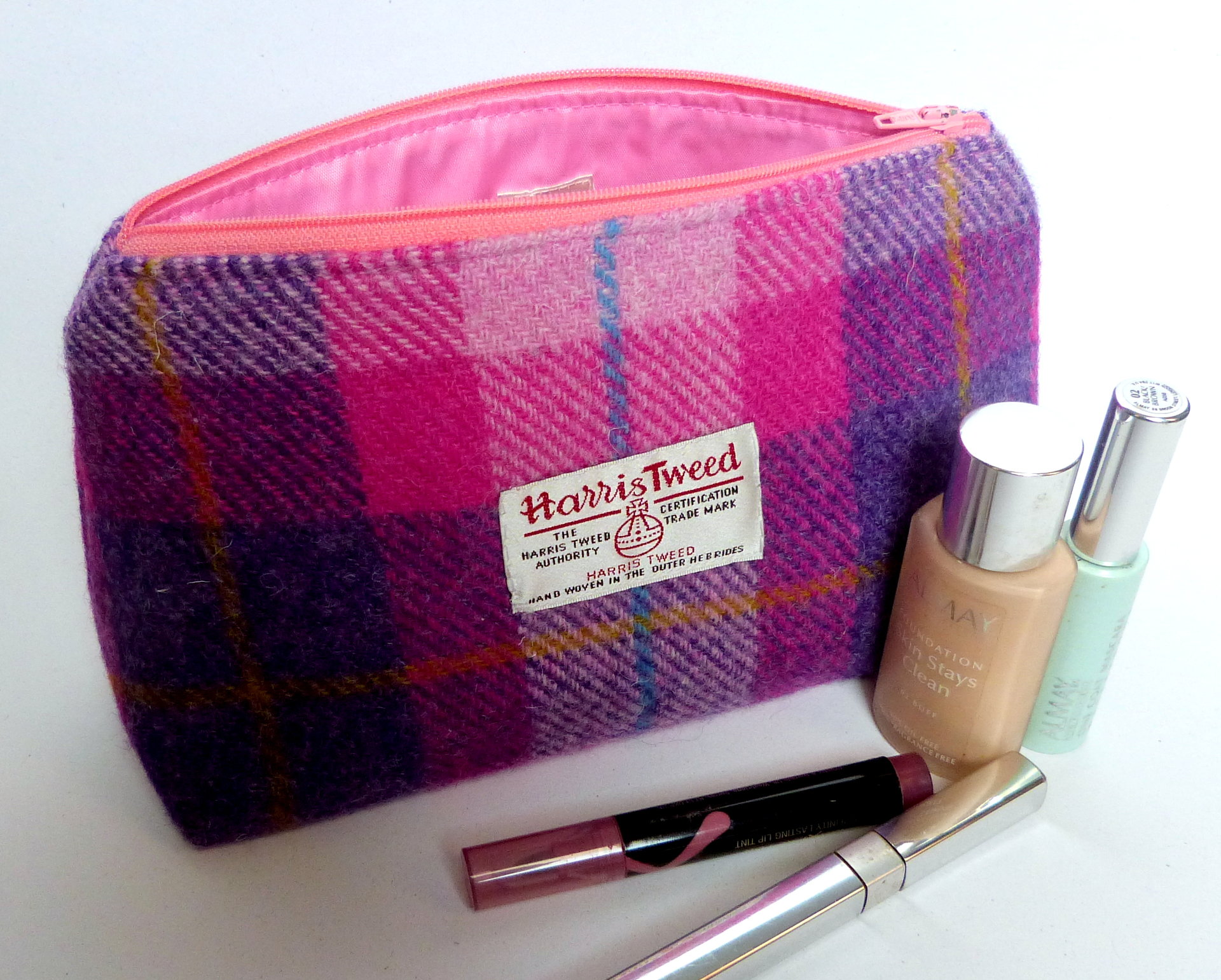 Cosmetic bag pink and purple Harris Tweed with matching compact mirror